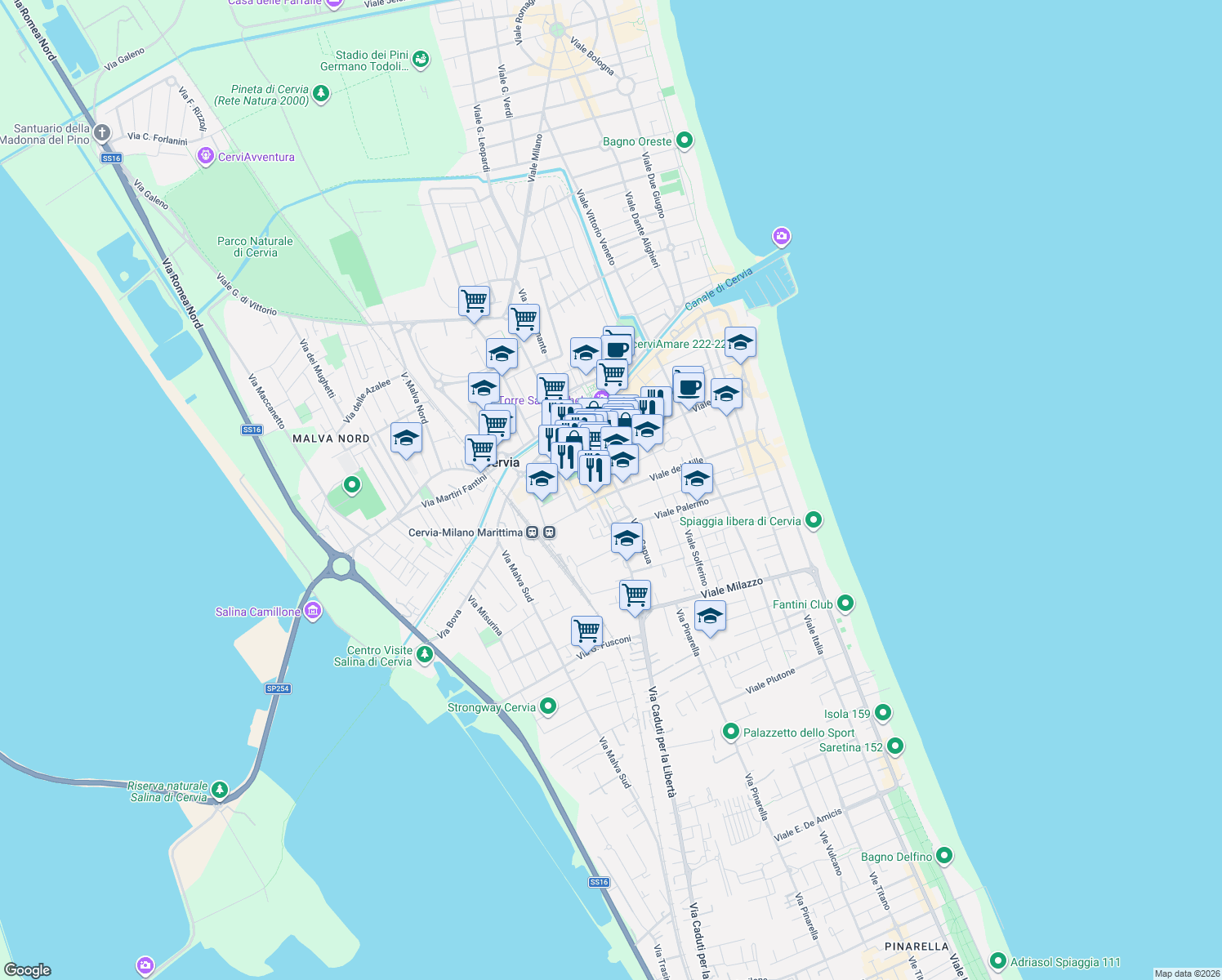 map of restaurants, bars, coffee shops, grocery stores, and more near 166 Circonvallazione Edoardo Sacchetti in Cervia
