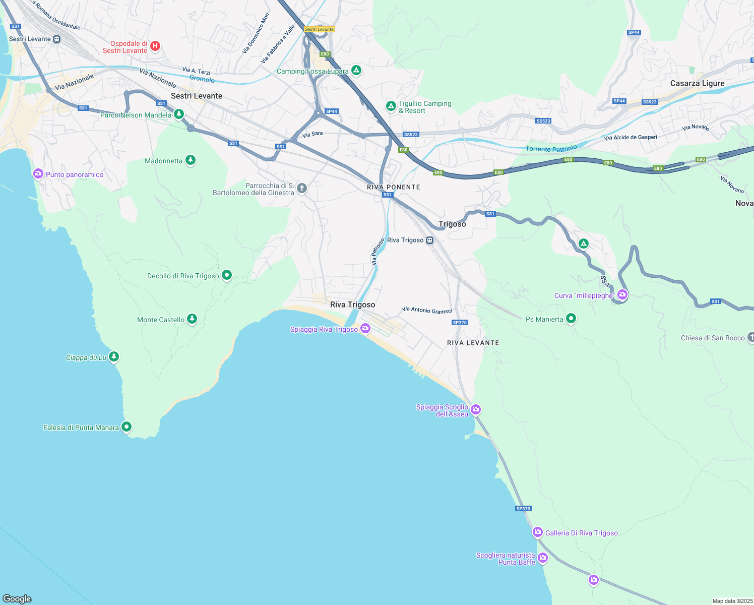 map of restaurants, bars, coffee shops, grocery stores, and more near 47 Via Genova in Riva Trigoso