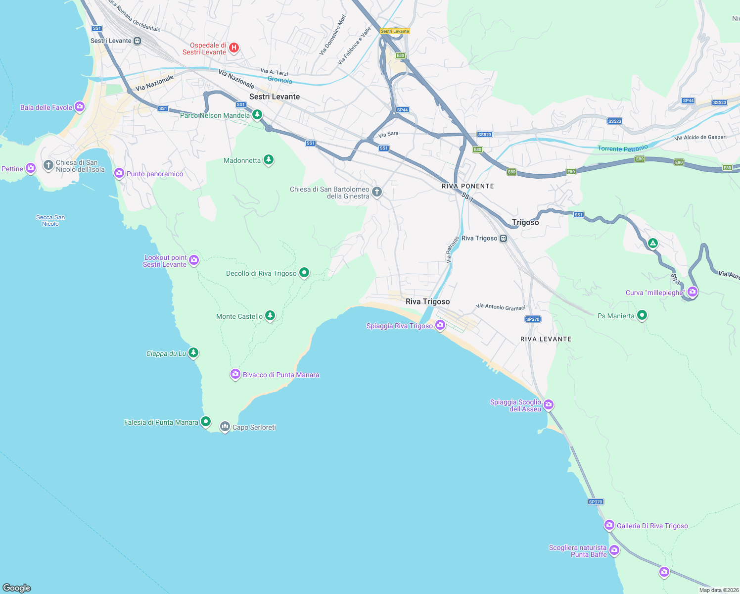 map of restaurants, bars, coffee shops, grocery stores, and more near 166 Via Benedetto Brin in Sestri Levante