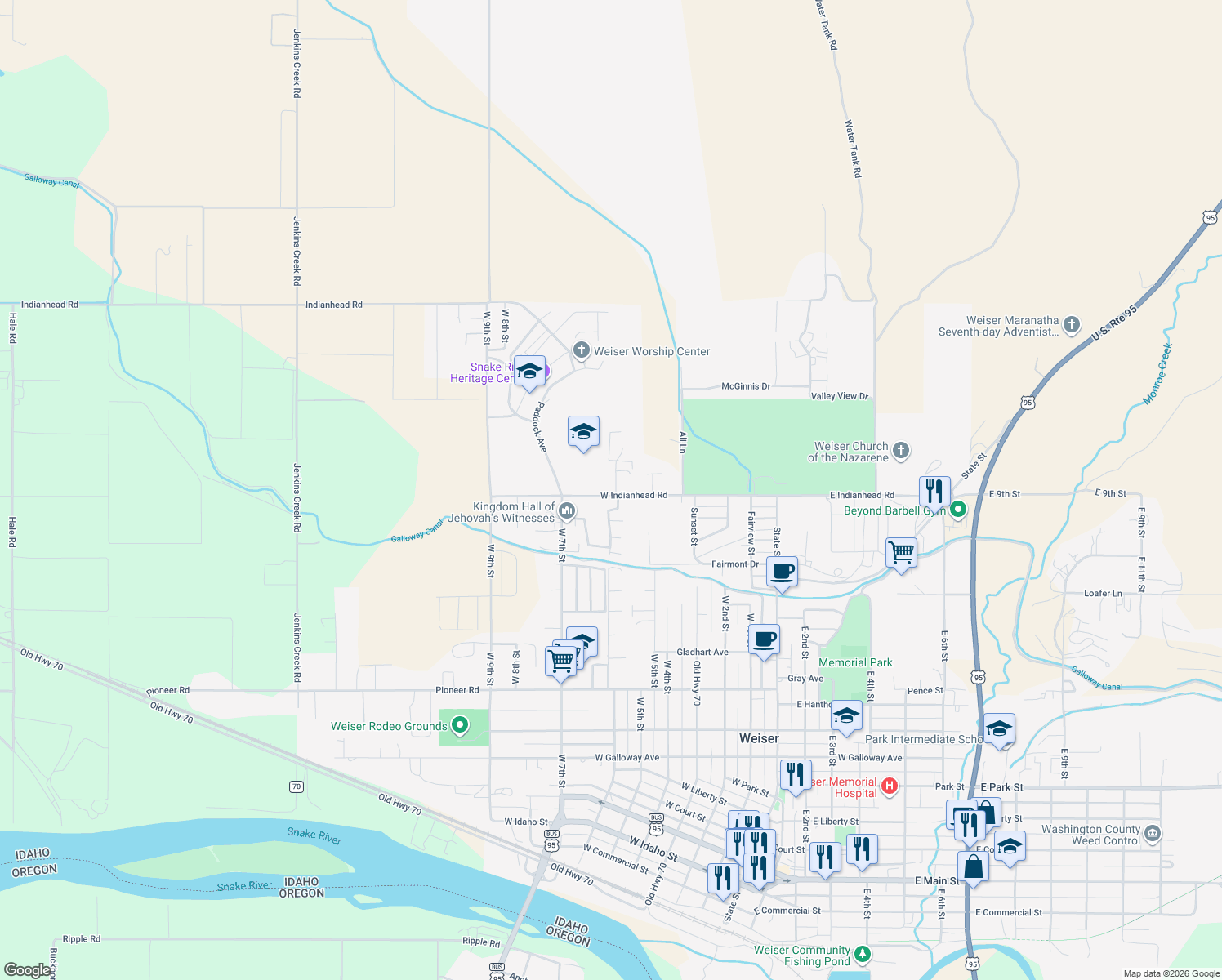 map of restaurants, bars, coffee shops, grocery stores, and more near 600 West Indianhead Road in Weiser