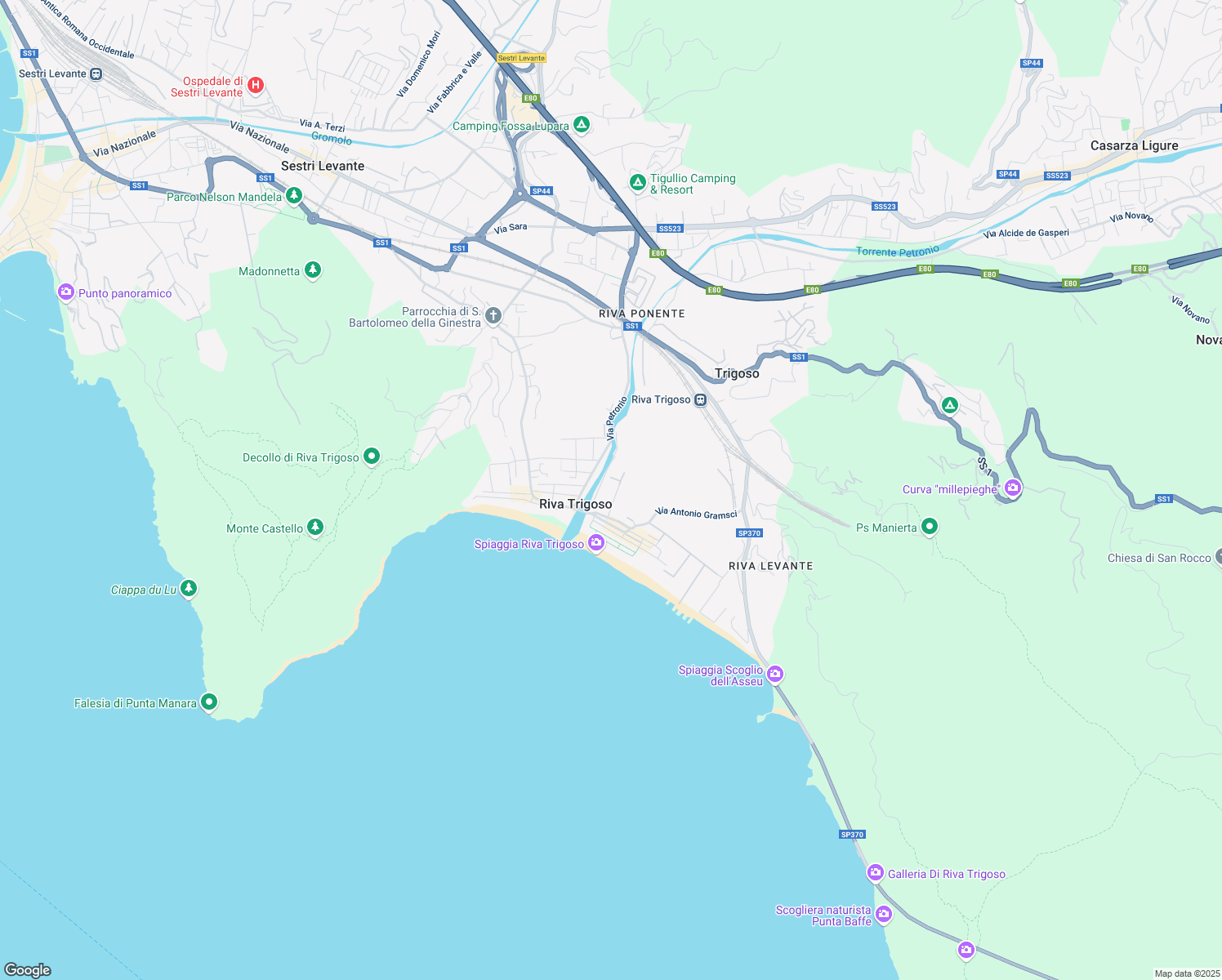 map of restaurants, bars, coffee shops, grocery stores, and more near 47 Via Genova in Riva Trigoso