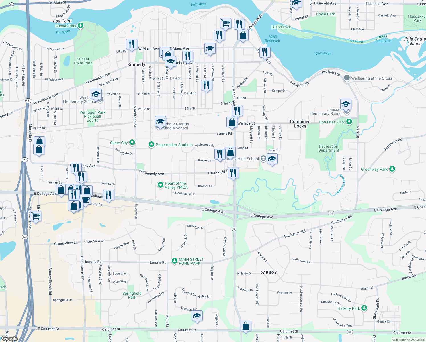 map of restaurants, bars, coffee shops, grocery stores, and more near 764 Rundquist Way in Kimberly