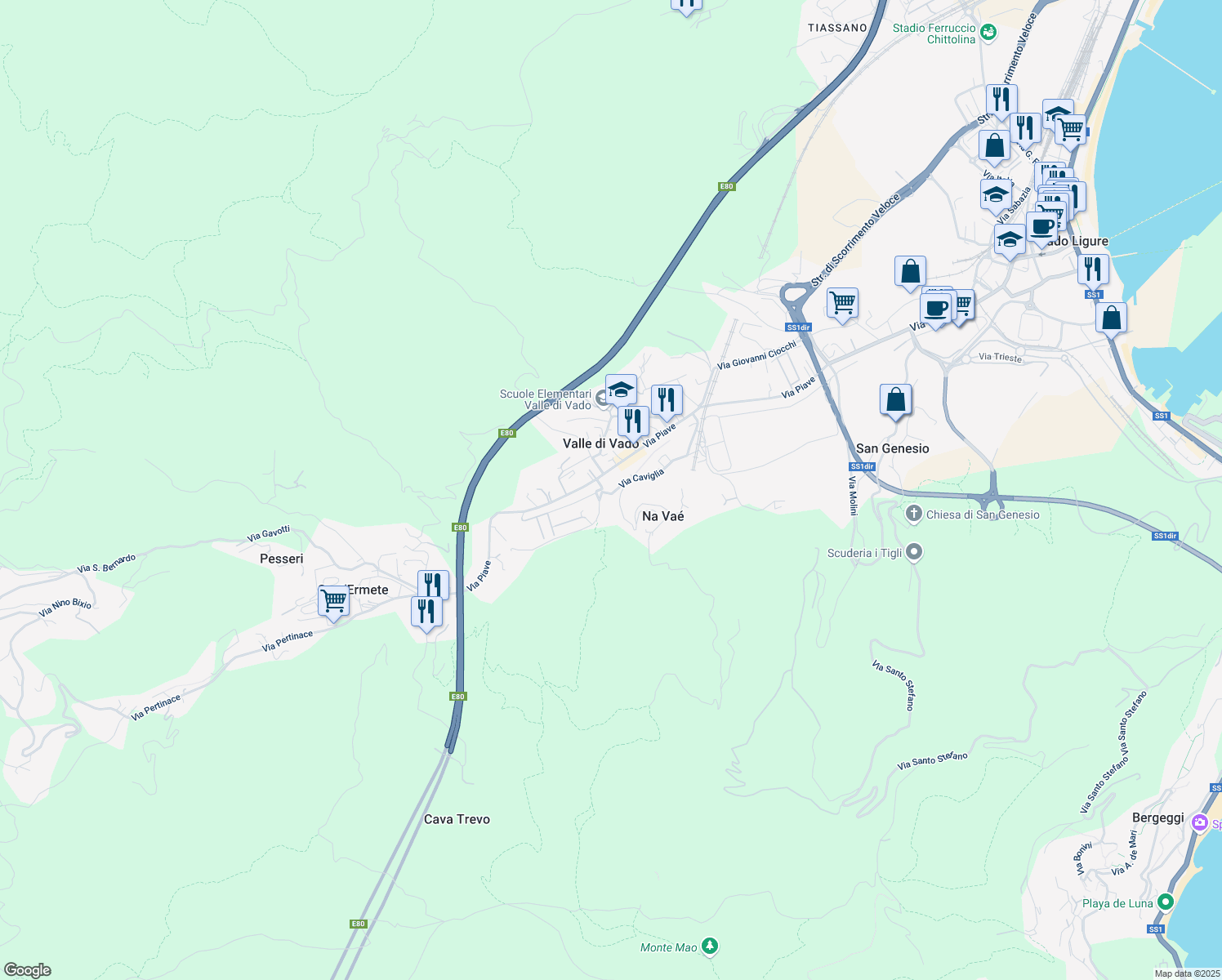 map of restaurants, bars, coffee shops, grocery stores, and more near 14 Via Caviglia in Valle di Vado