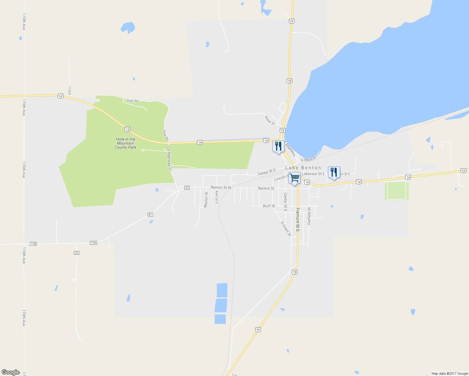 map of restaurants, bars, coffee shops, grocery stores, and more near 105 Cottage Street in Lake Benton