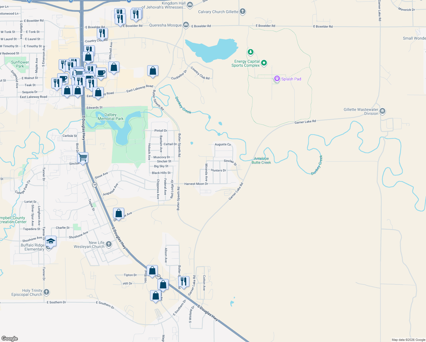 map of restaurants, bars, coffee shops, grocery stores, and more near 3711 Triton Avenue in Gillette