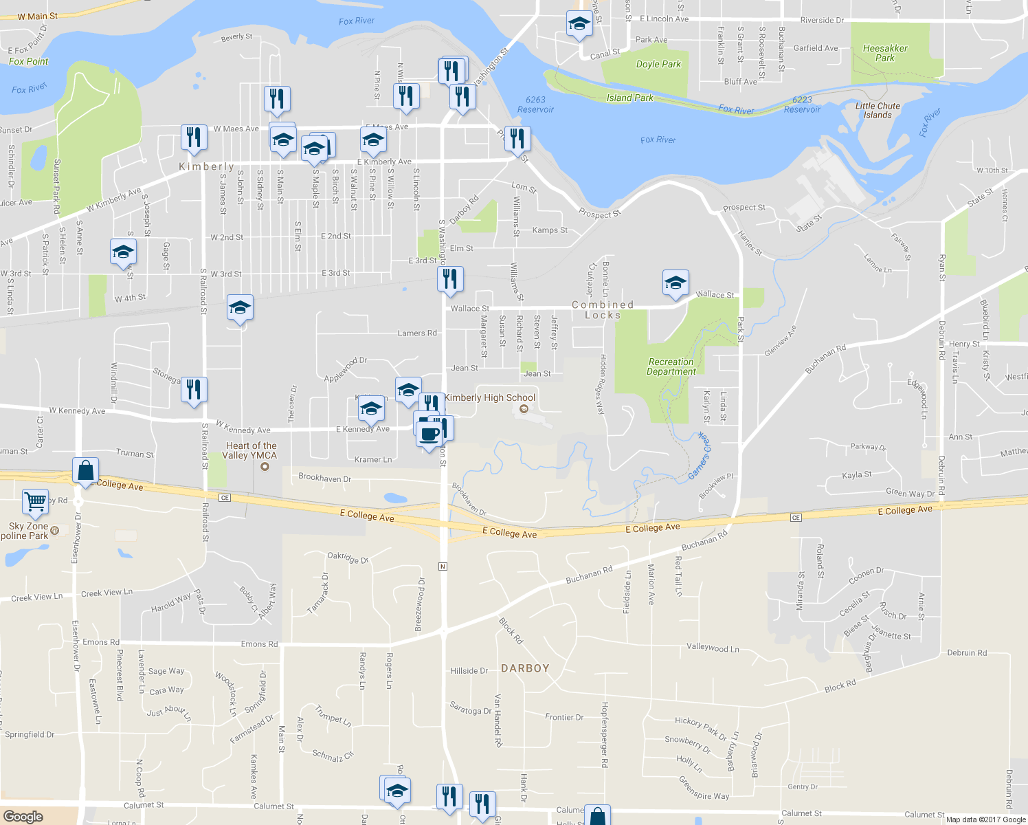 map of restaurants, bars, coffee shops, grocery stores, and more near W2662 Kennedy Ave in Appleton