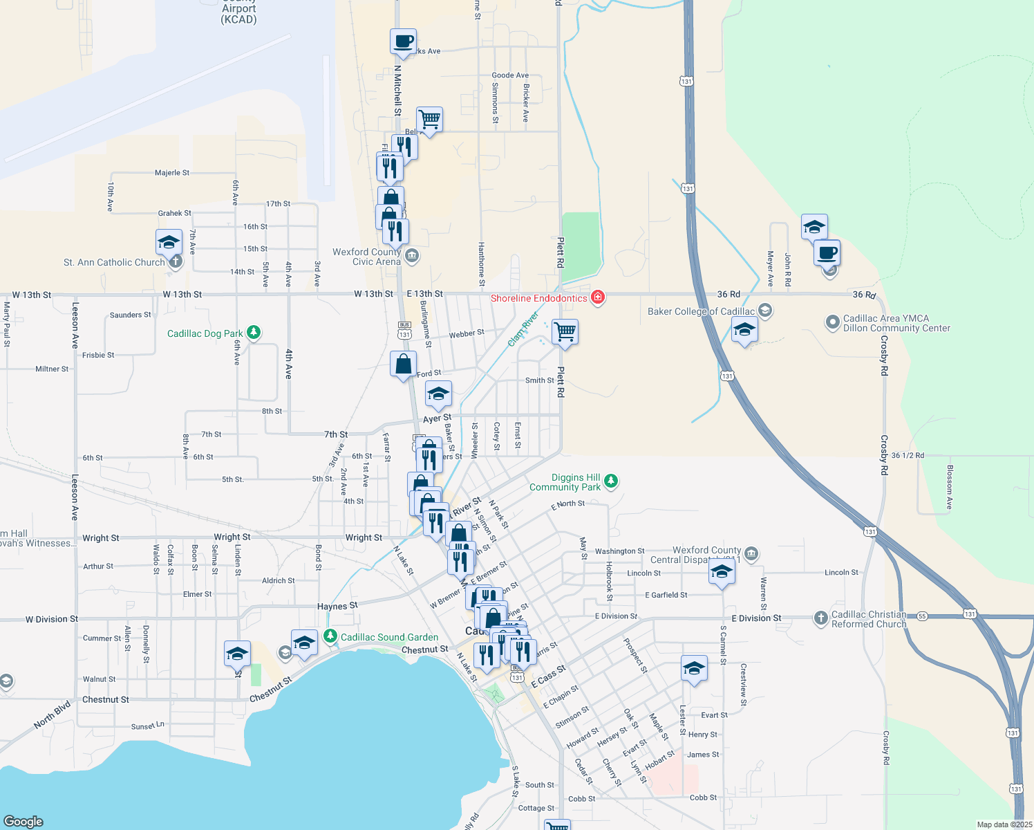 map of restaurants, bars, coffee shops, grocery stores, and more near 999 Ernst St in Cadillac