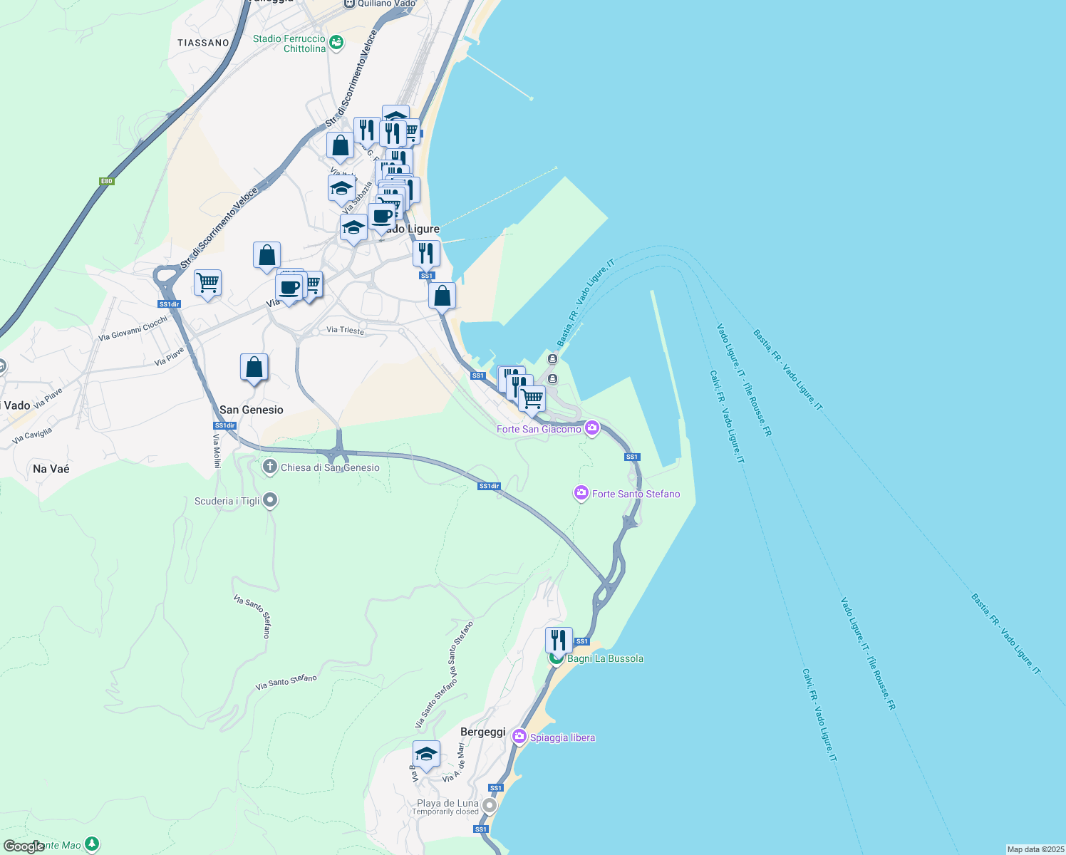 map of restaurants, bars, coffee shops, grocery stores, and more near 444 Via Aurelia in Vado Centro