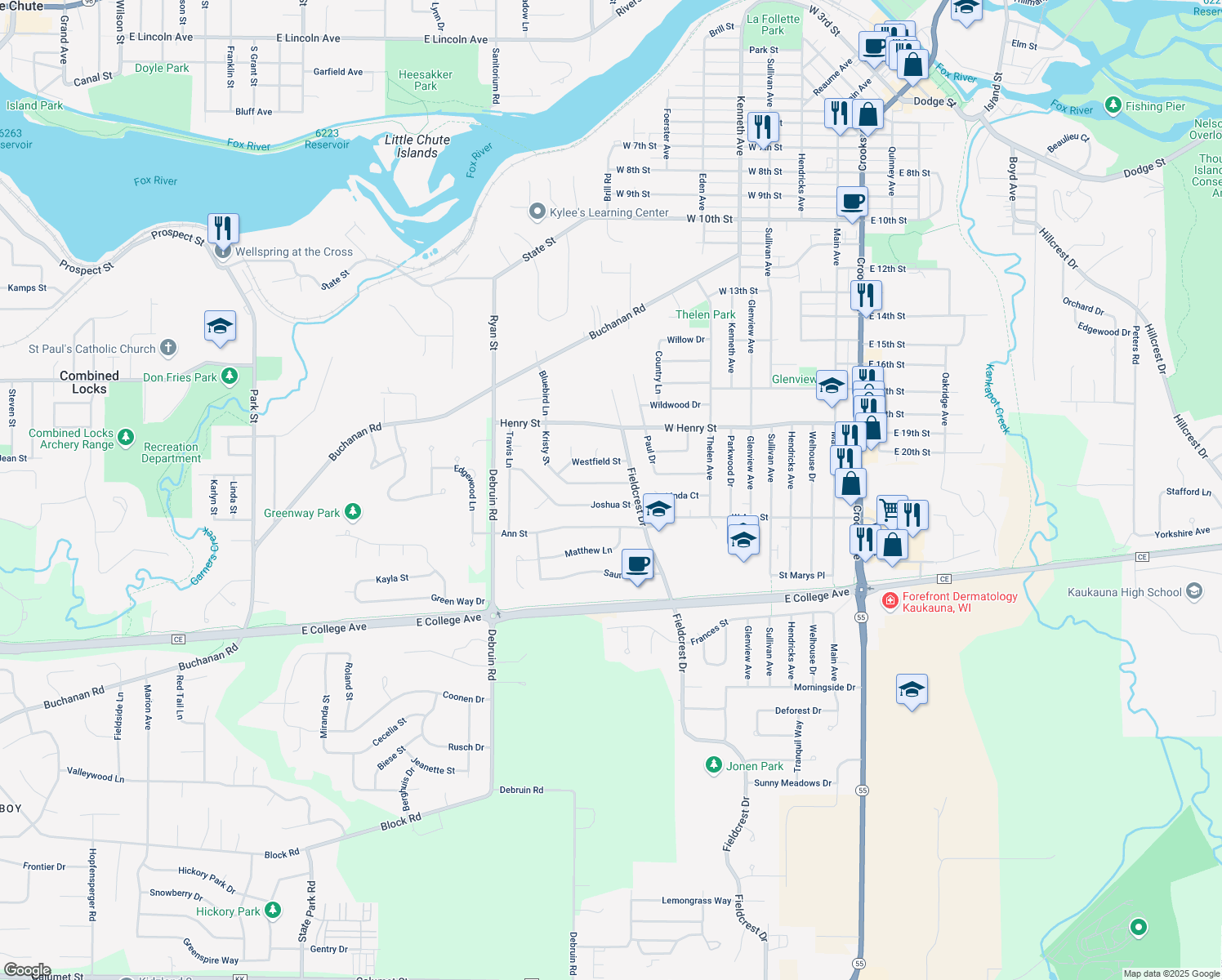 map of restaurants, bars, coffee shops, grocery stores, and more near 713 Kristy Street in Kaukauna