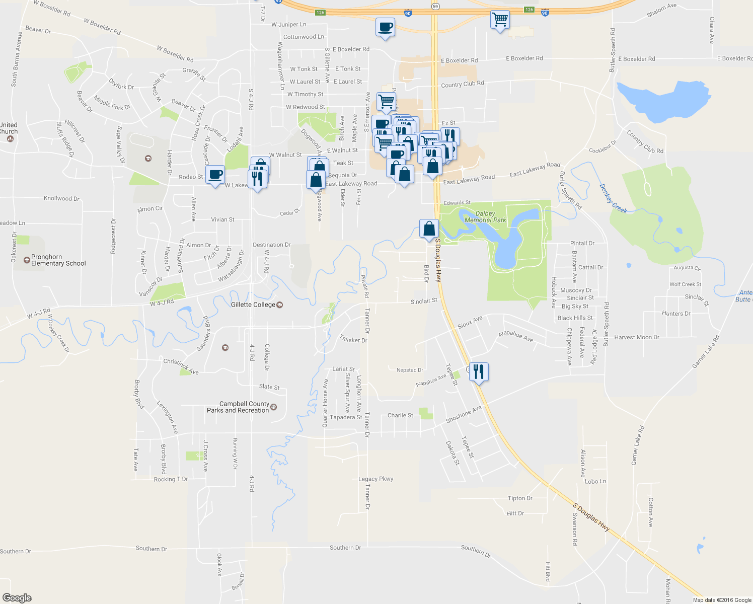 map of restaurants, bars, coffee shops, grocery stores, and more near Sinclair St in Gillette