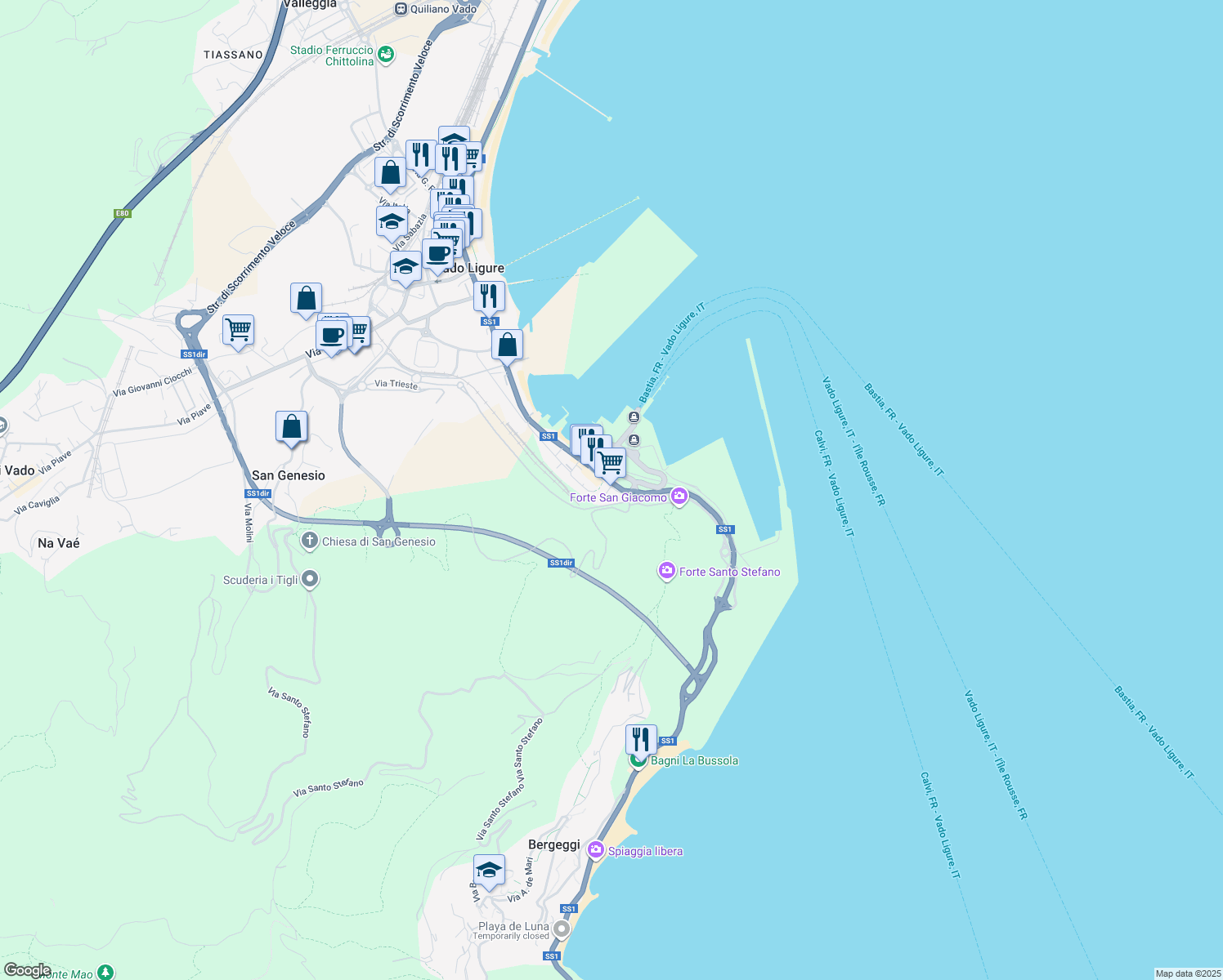 map of restaurants, bars, coffee shops, grocery stores, and more near 444 Via Aurelia in Vado Ligure