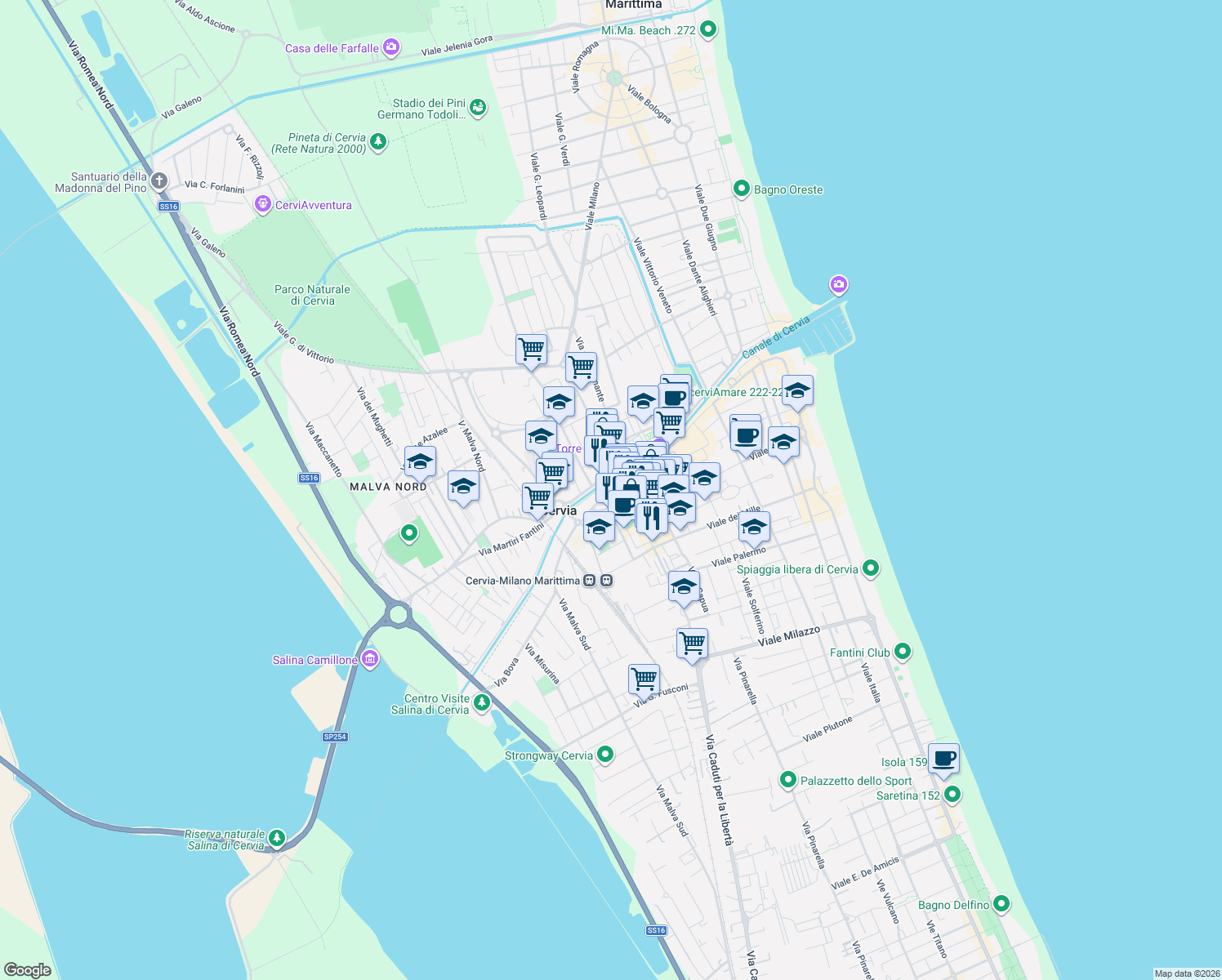 map of restaurants, bars, coffee shops, grocery stores, and more near 31 Via Circonvallazione Edoardo Sacchetti in Cervia
