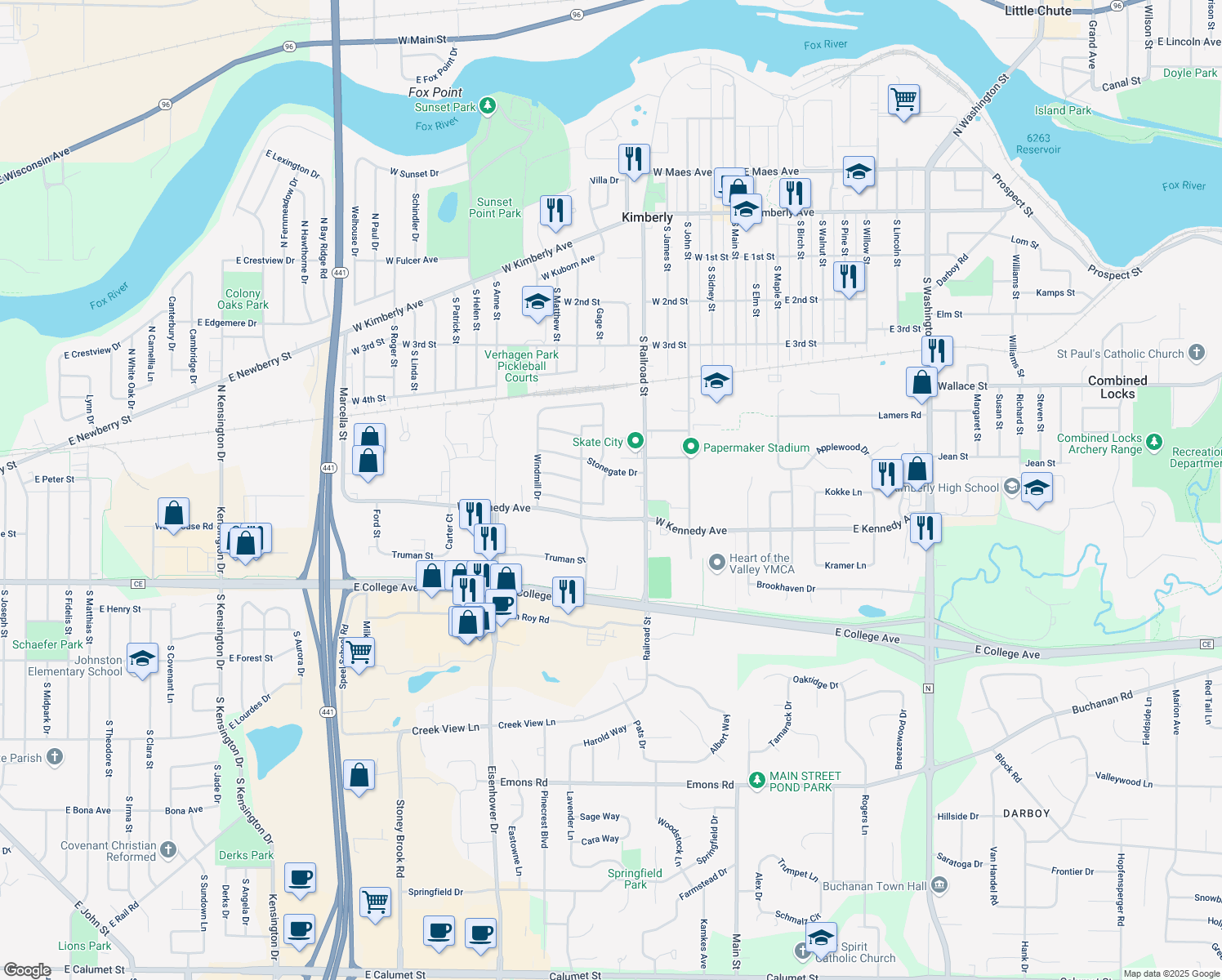 map of restaurants, bars, coffee shops, grocery stores, and more near 613 Homestead Trail in Kimberly