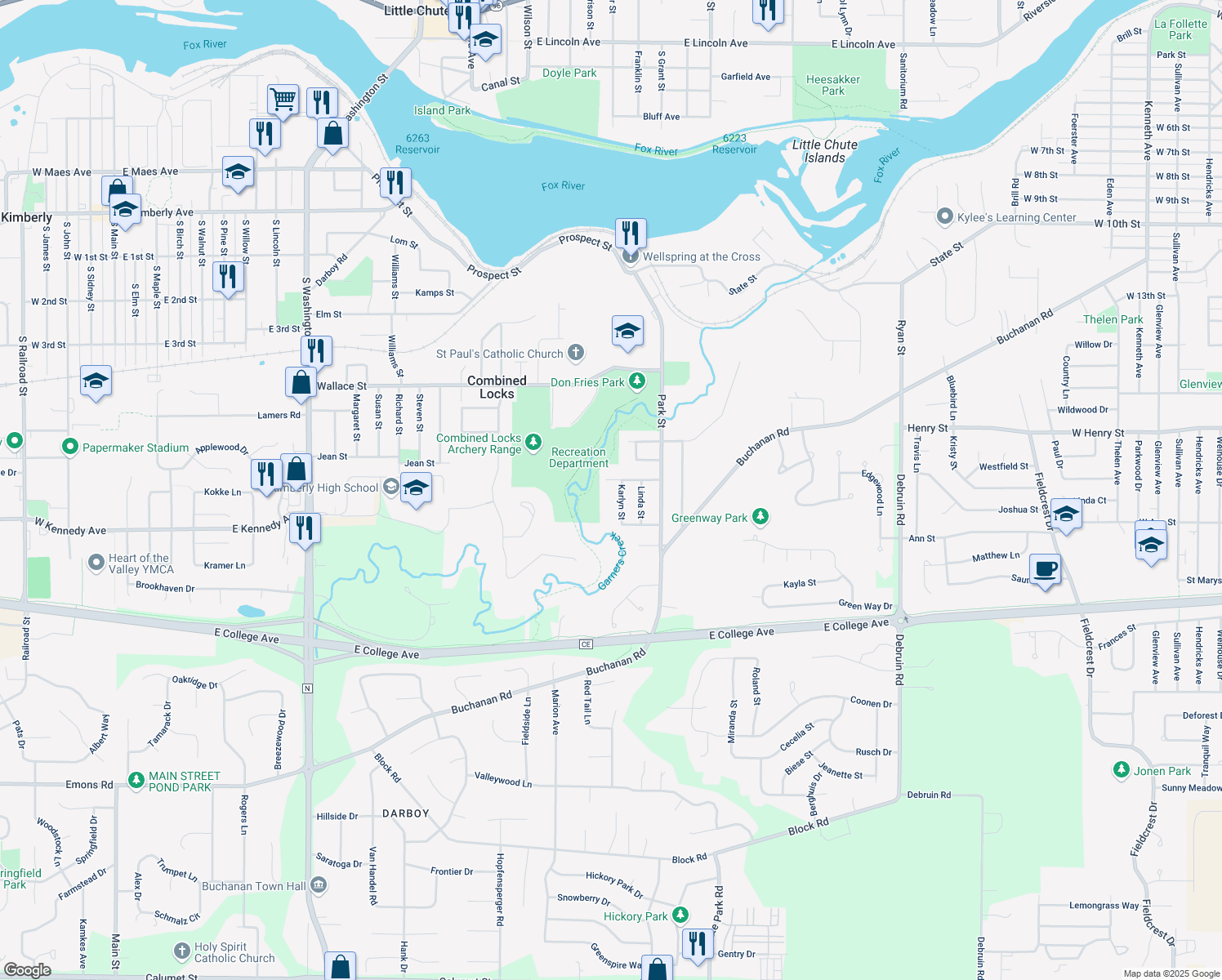 map of restaurants, bars, coffee shops, grocery stores, and more near 604 Karlyn Street in Combined Locks