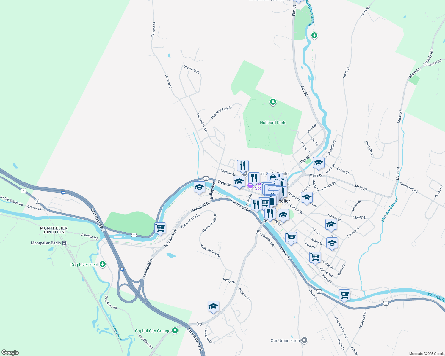 map of restaurants, bars, coffee shops, grocery stores, and more near 139 State Street in Montpelier