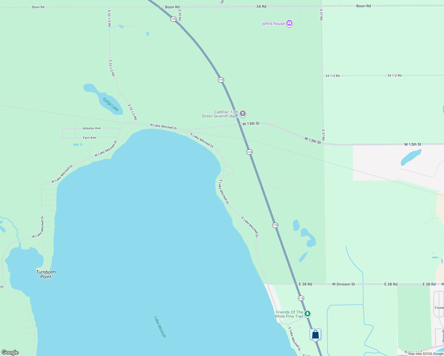 map of restaurants, bars, coffee shops, grocery stores, and more near 2144 E Lake Mitchell Dr in Cadillac