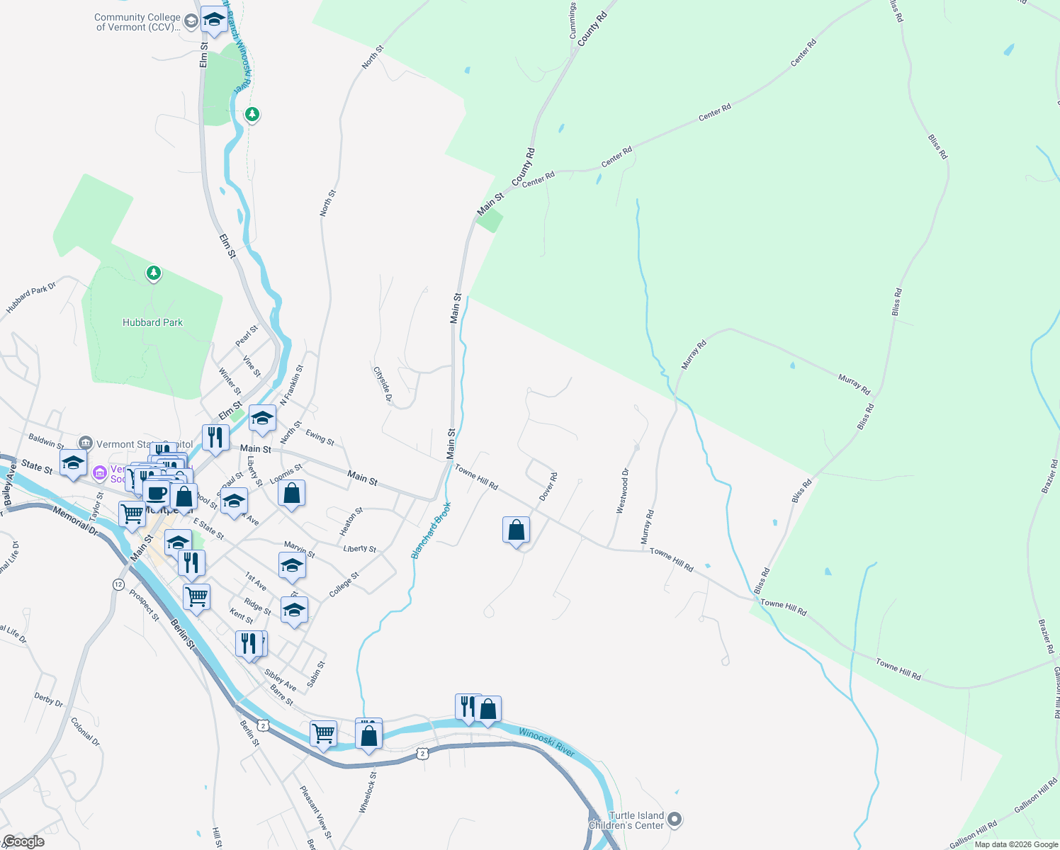 map of restaurants, bars, coffee shops, grocery stores, and more near 135 Chestnut Hill Rd in Montpelier