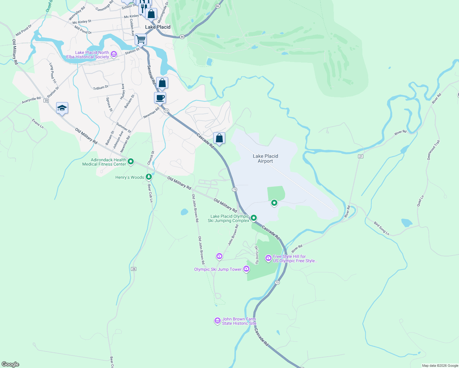map of restaurants, bars, coffee shops, grocery stores, and more near 5621 Cascade Road in Lake Placid