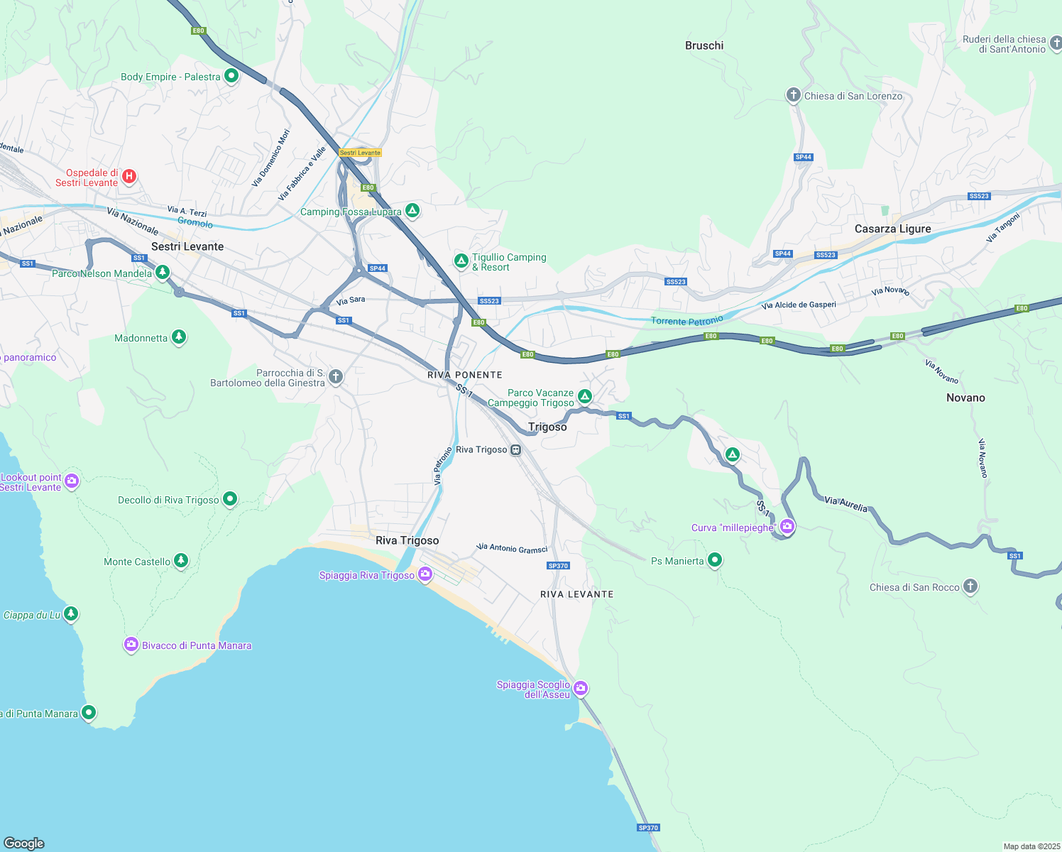 map of restaurants, bars, coffee shops, grocery stores, and more near 36 Via Croce in Sestri Levante