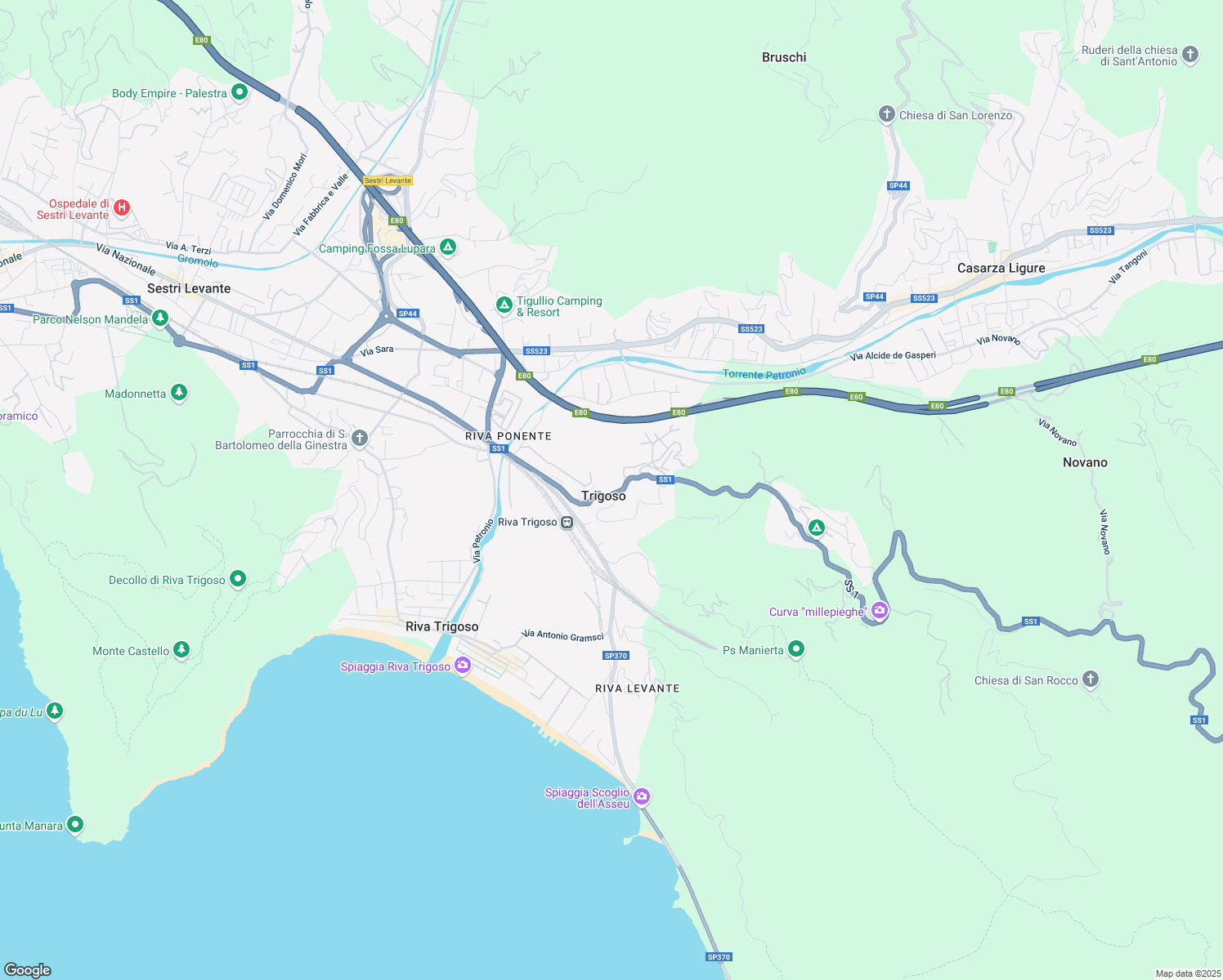 map of restaurants, bars, coffee shops, grocery stores, and more near 249 Via Aurelia in Sestri Levante