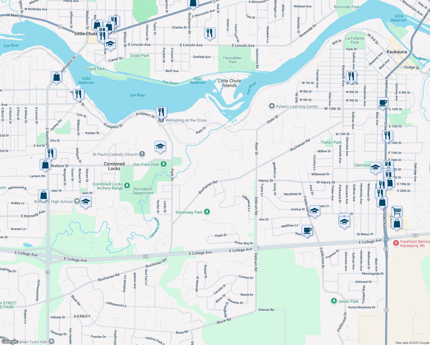map of restaurants, bars, coffee shops, grocery stores, and more near 512 Buchanan Road in Combined Locks