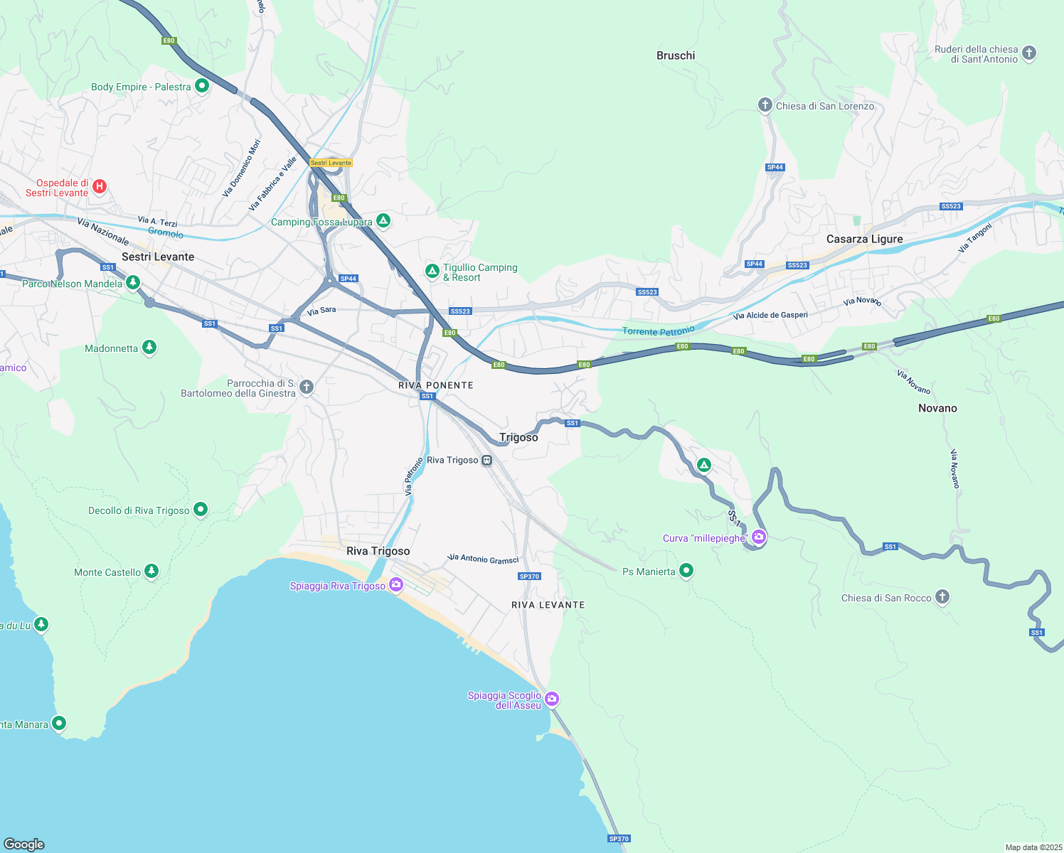 map of restaurants, bars, coffee shops, grocery stores, and more near 205 Via Aurelia in Sestri Levante