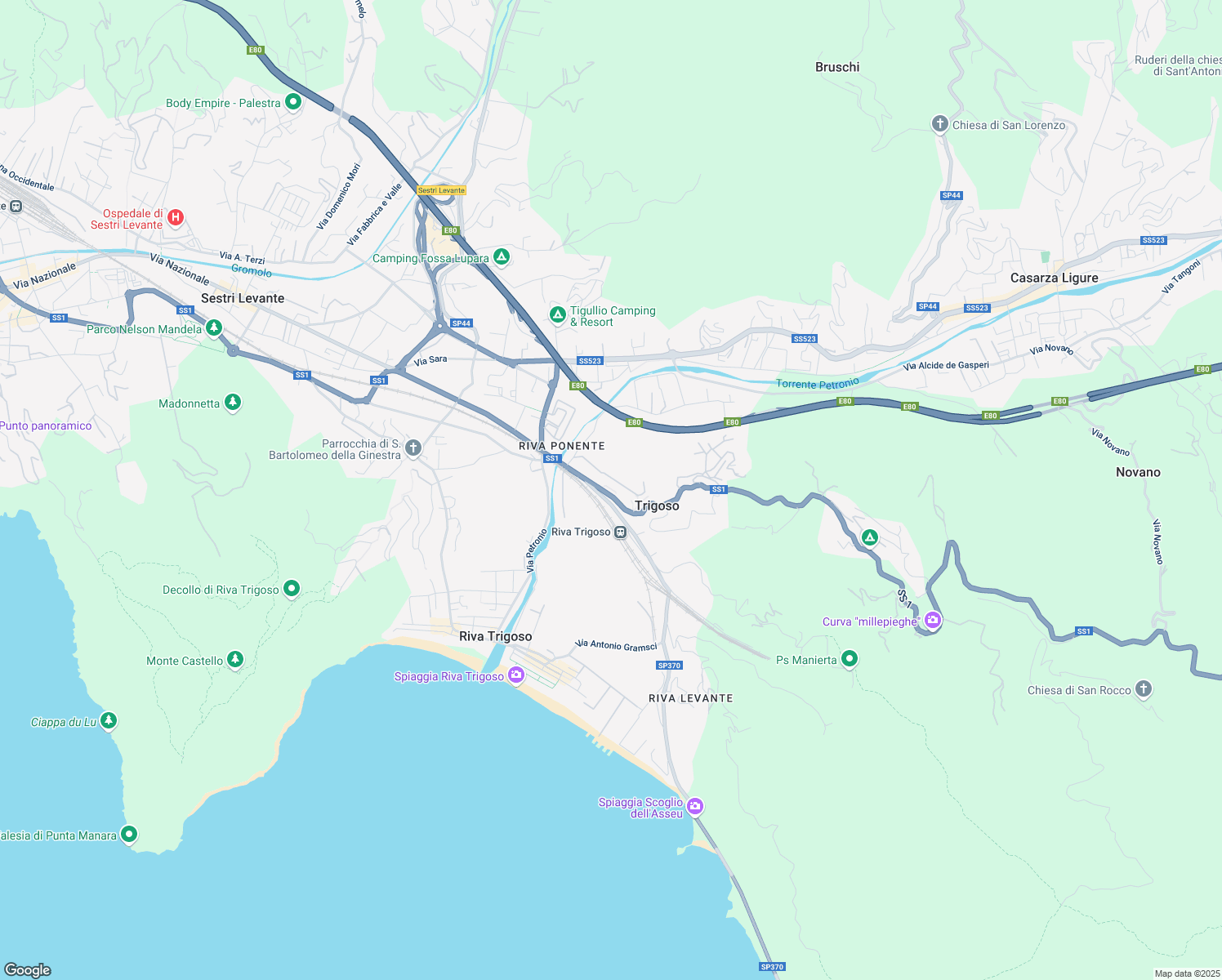 map of restaurants, bars, coffee shops, grocery stores, and more near 205 Via Aurelia in Sestri Levante