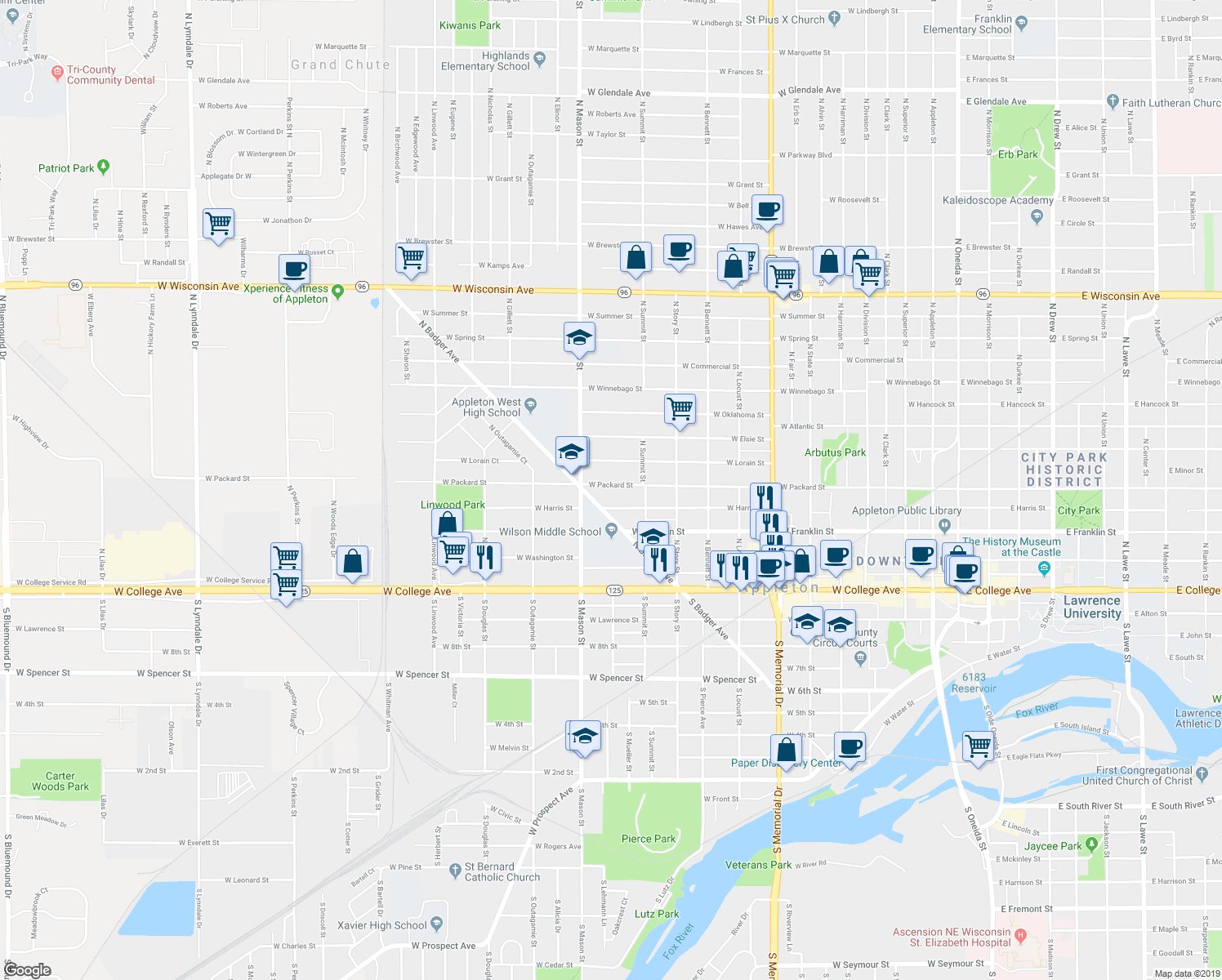 map of restaurants, bars, coffee shops, grocery stores, and more near 1201 West Packard Street in Appleton
