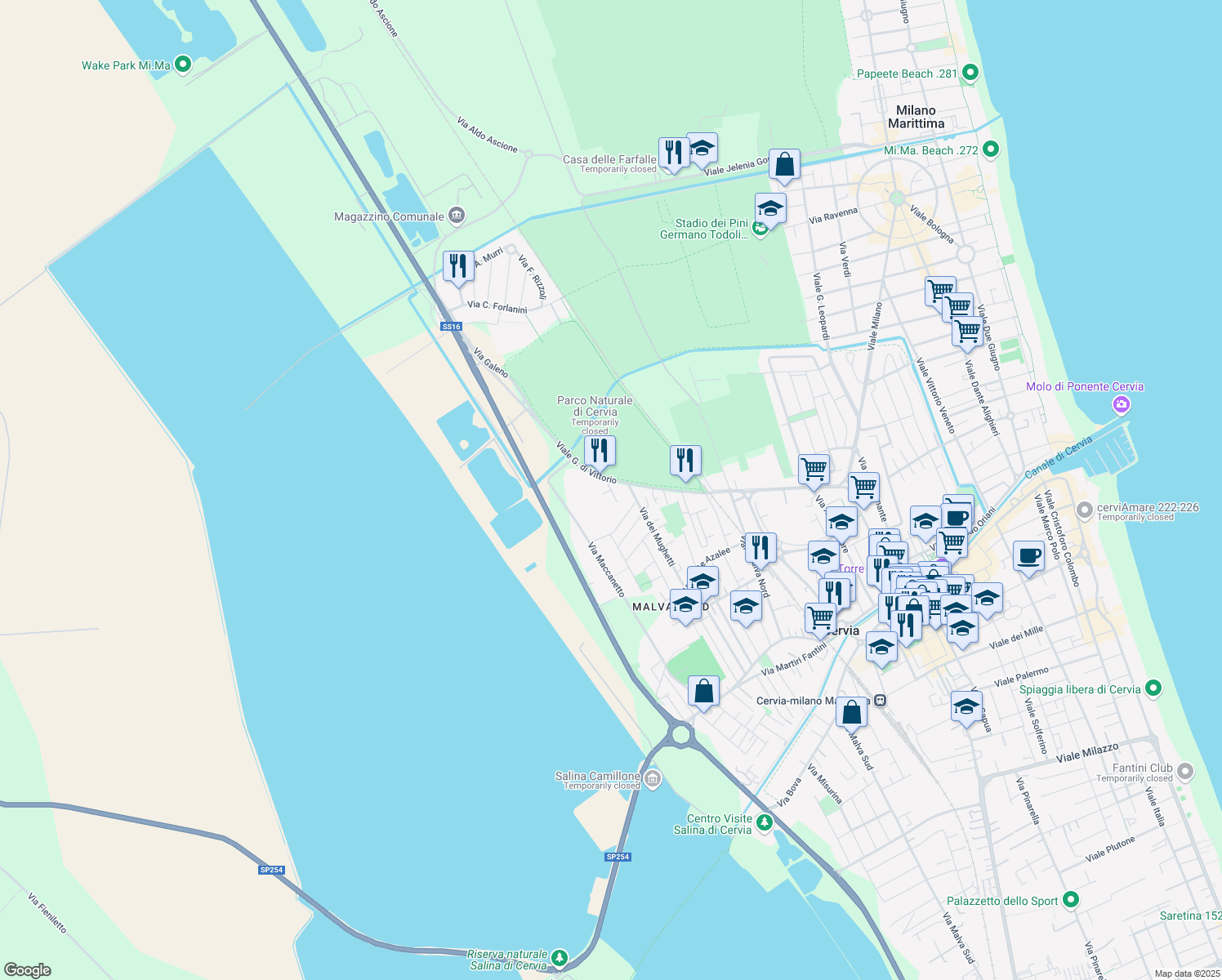 map of restaurants, bars, coffee shops, grocery stores, and more near 2 Via dei Tulipani in Cervia