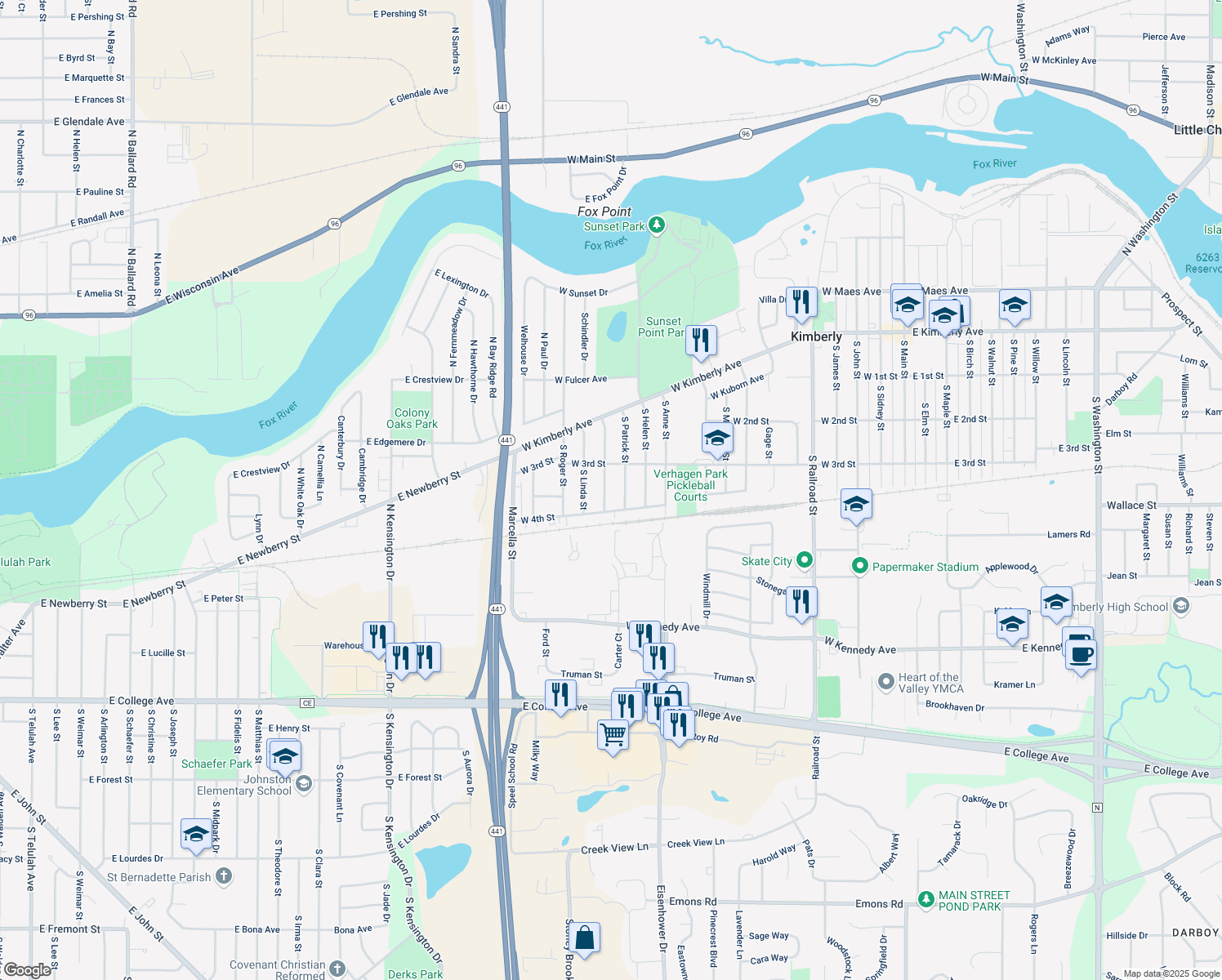 map of restaurants, bars, coffee shops, grocery stores, and more near 331 South Karlyn Street in Kimberly