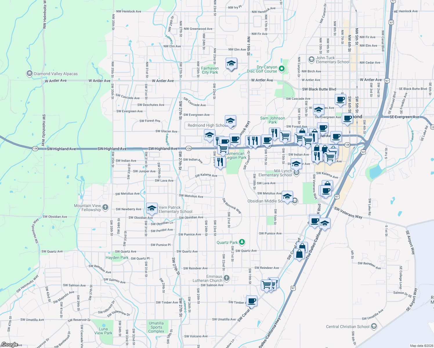 map of restaurants, bars, coffee shops, grocery stores, and more near 2285 Southwest Kalama Avenue in Redmond
