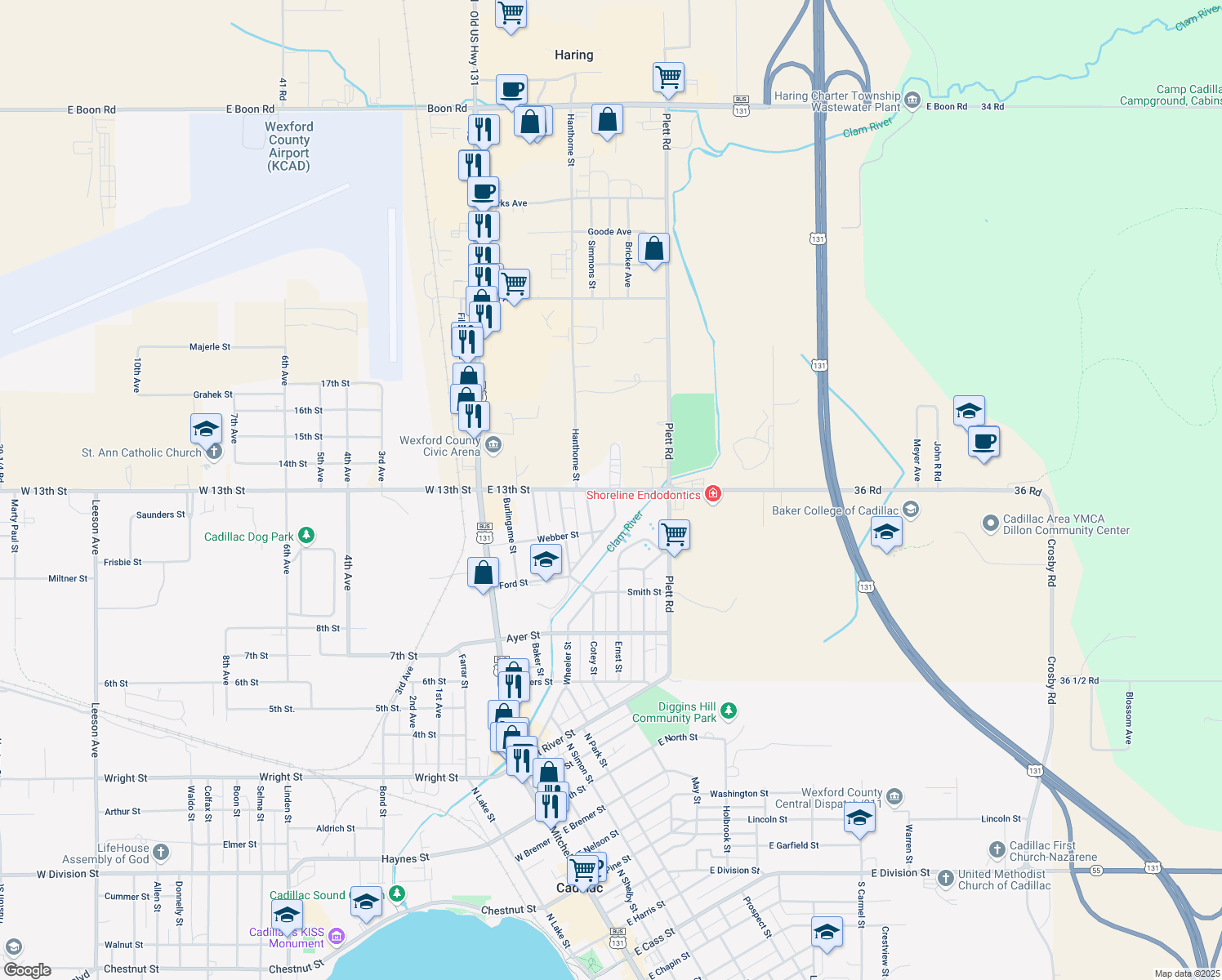 map of restaurants, bars, coffee shops, grocery stores, and more near 1299 Riverside Street in Cadillac