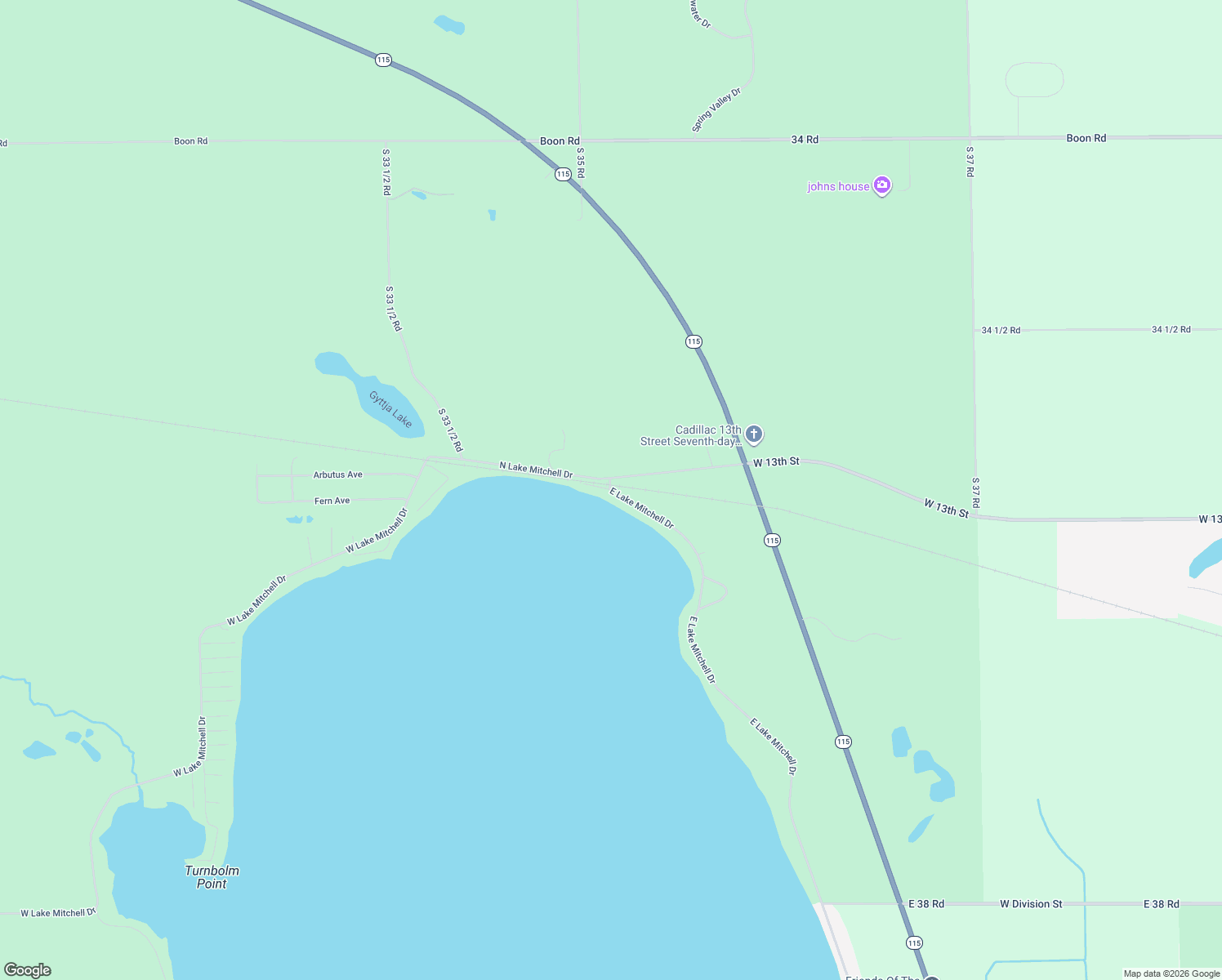 map of restaurants, bars, coffee shops, grocery stores, and more near 2413 E Lake Mitchell Dr in Cadillac