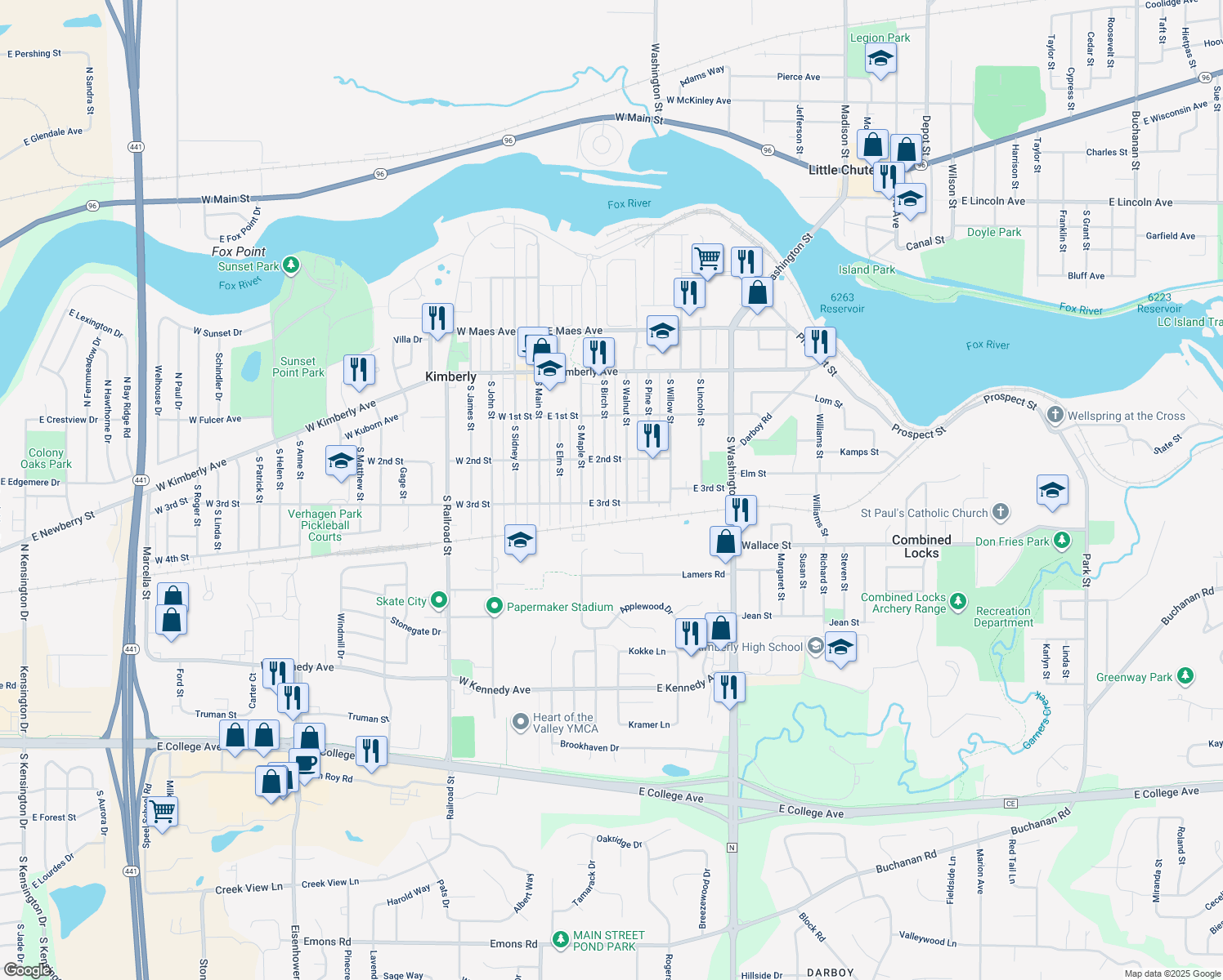 map of restaurants, bars, coffee shops, grocery stores, and more near 333 S Birch St in Kimberly