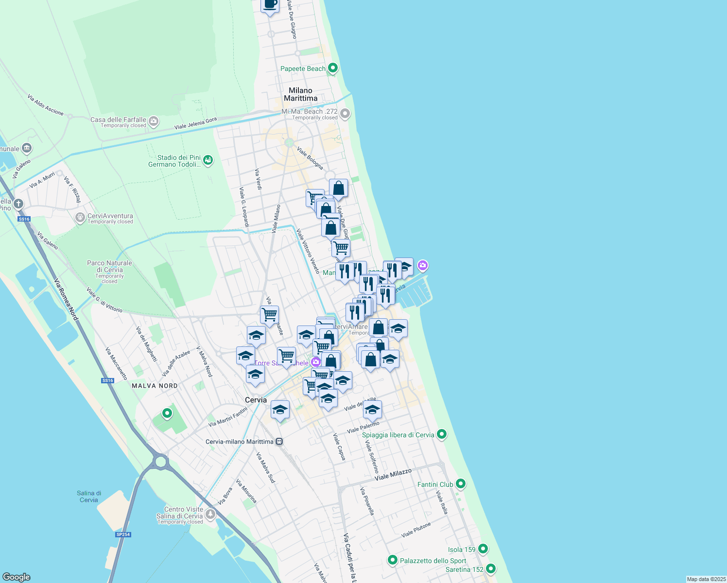 map of restaurants, bars, coffee shops, grocery stores, and more near 5 Via Boito in Cervia