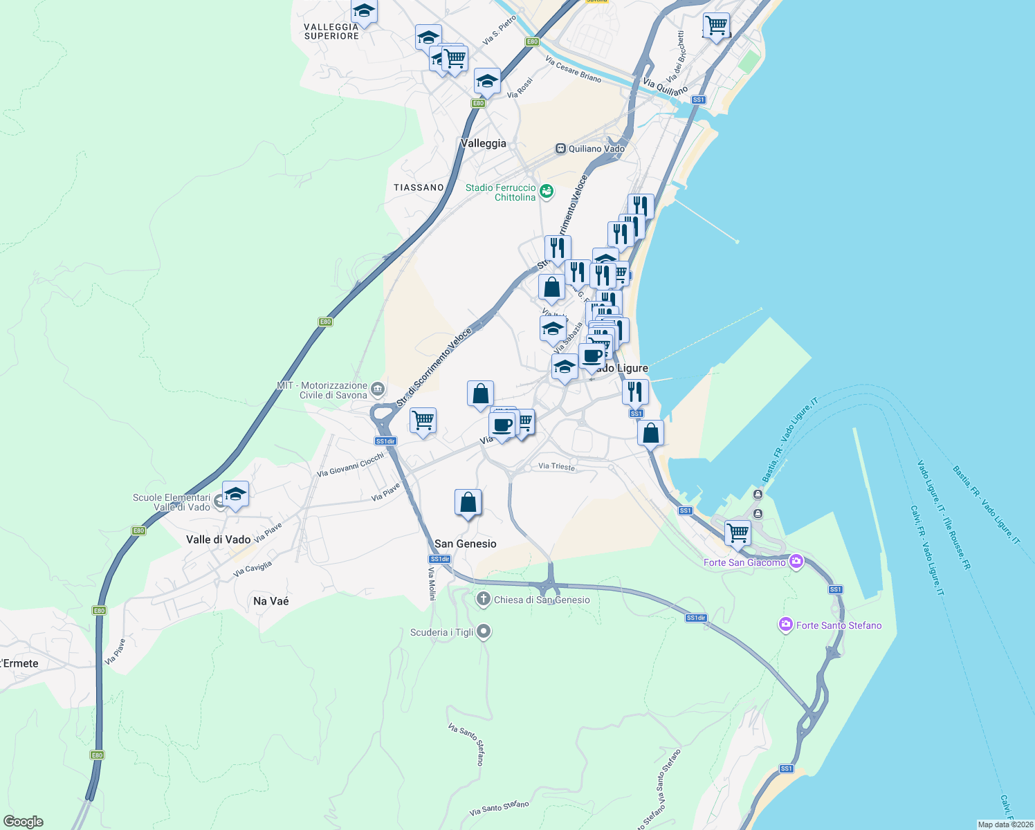 map of restaurants, bars, coffee shops, grocery stores, and more near 7 Via A. Manzoni in Vado Ligure
