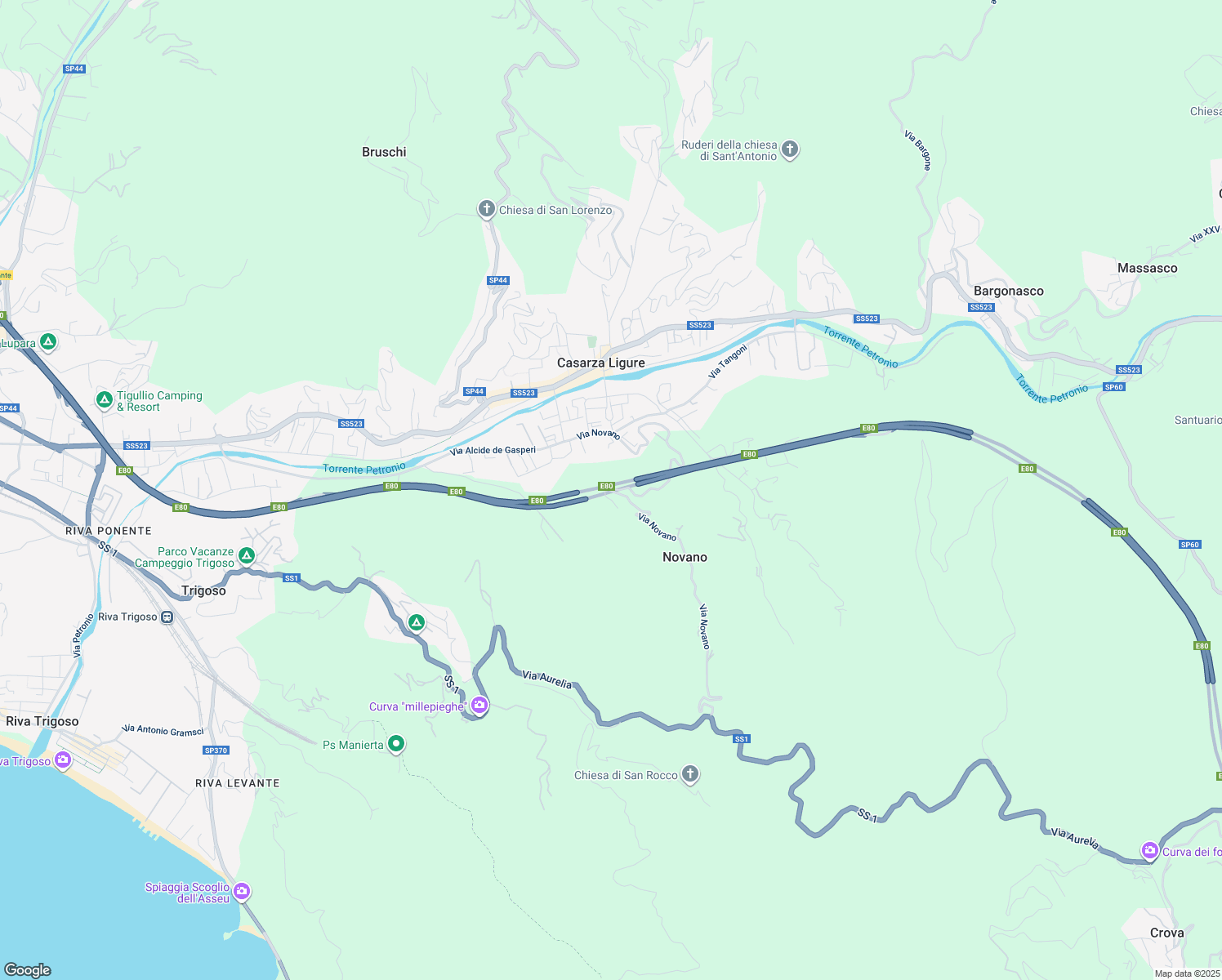 map of restaurants, bars, coffee shops, grocery stores, and more near 8 Via Novano in Città Metropolitana di Genova