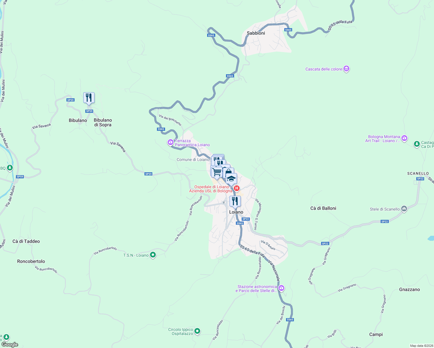 map of restaurants, bars, coffee shops, grocery stores, and more near 43 Via Roma in Loiano