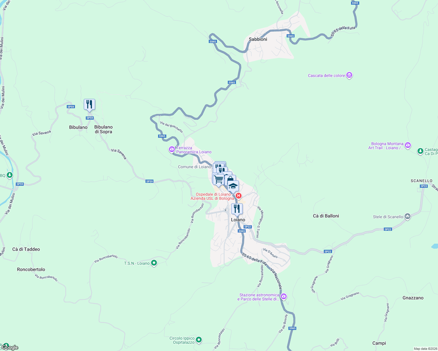map of restaurants, bars, coffee shops, grocery stores, and more near 43 Via Roma in Loiano