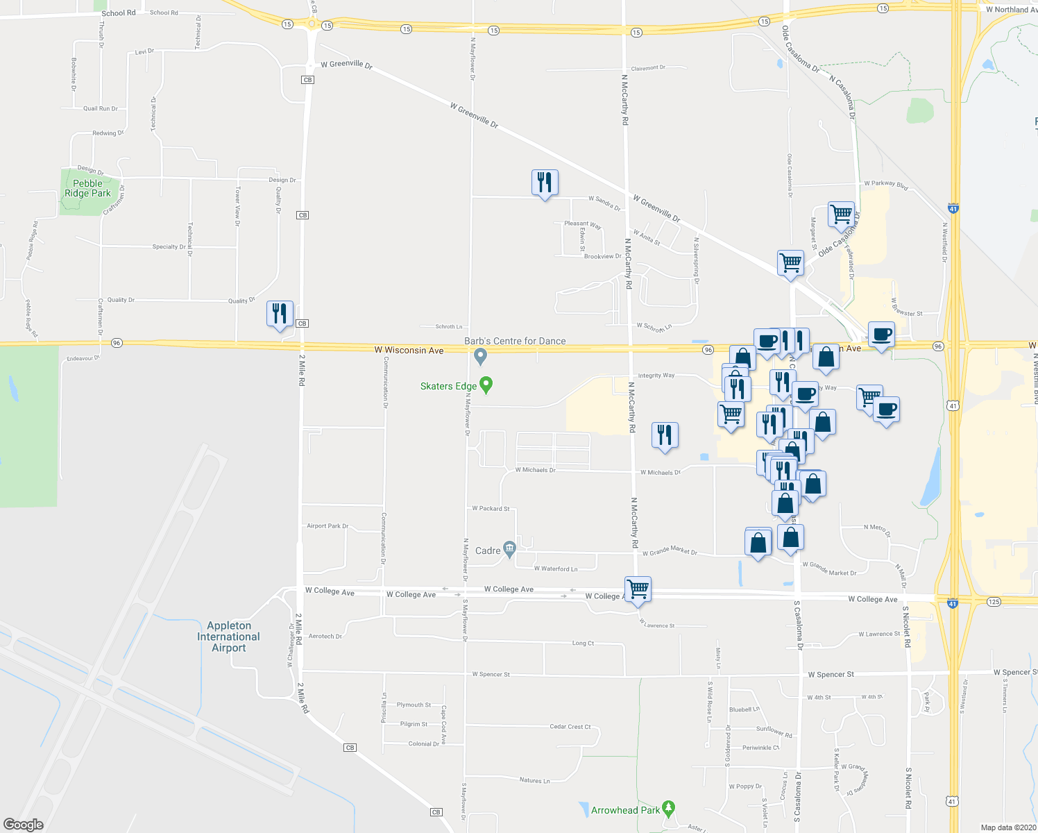 map of restaurants, bars, coffee shops, grocery stores, and more near 5523 Integrity Way in Appleton