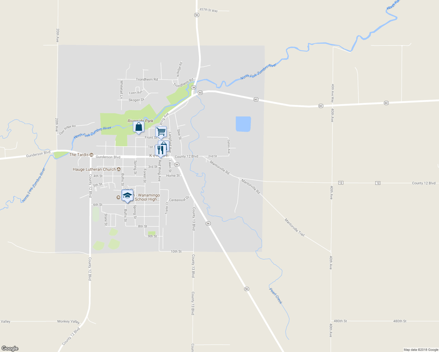 map of restaurants, bars, coffee shops, grocery stores, and more near 1221 Mantorville Road in Kenyon