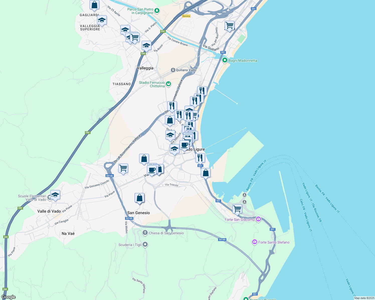 map of restaurants, bars, coffee shops, grocery stores, and more near 23 Via Caduta della Libertà in Vado Centro