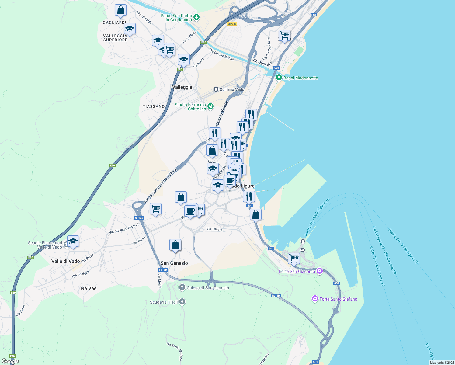 map of restaurants, bars, coffee shops, grocery stores, and more near 39 Via Armando Diaz in Vado Ligure