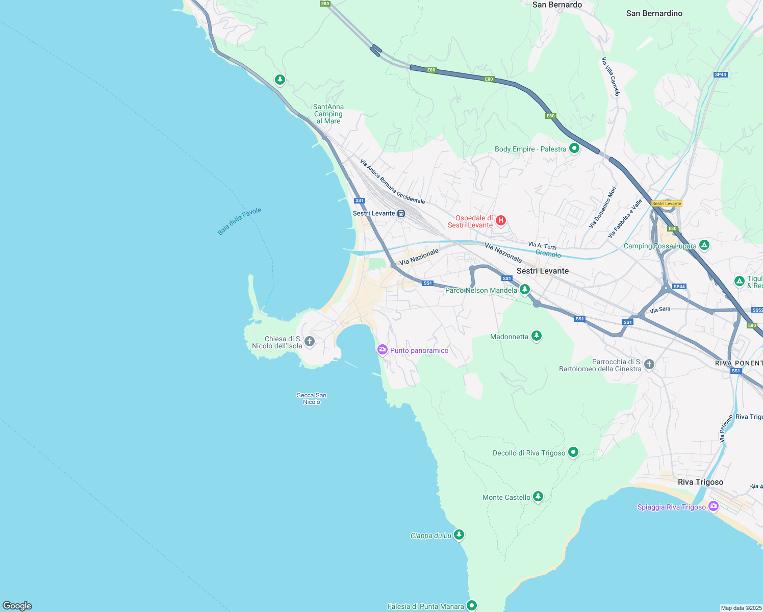 map of restaurants, bars, coffee shops, grocery stores, and more near 21 Piazza Aldo Moro in Sestri Levante