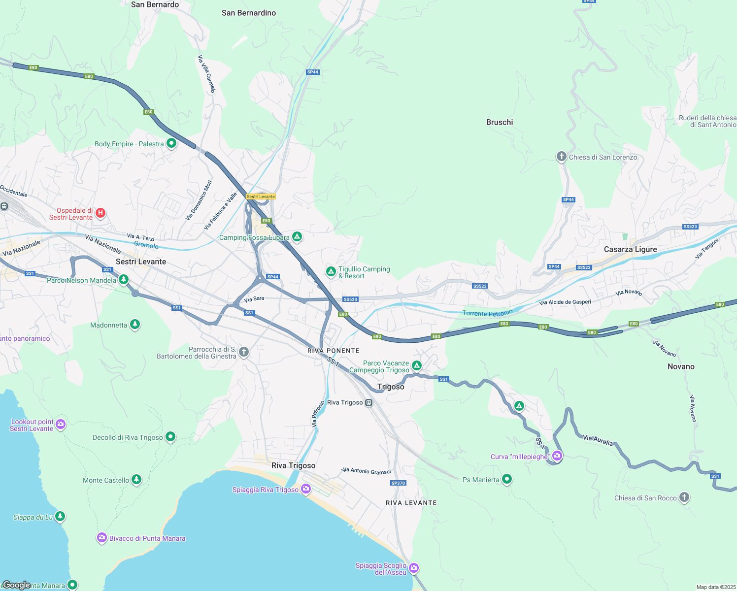 map of restaurants, bars, coffee shops, grocery stores, and more near 175 Via Sara in Sestri Levante