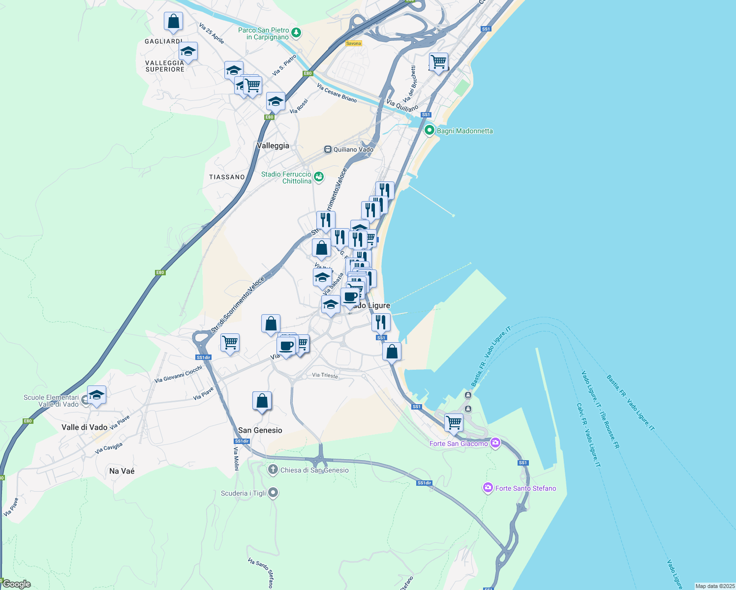 map of restaurants, bars, coffee shops, grocery stores, and more near 172 Via Leon Pancaldo in Vado Ligure