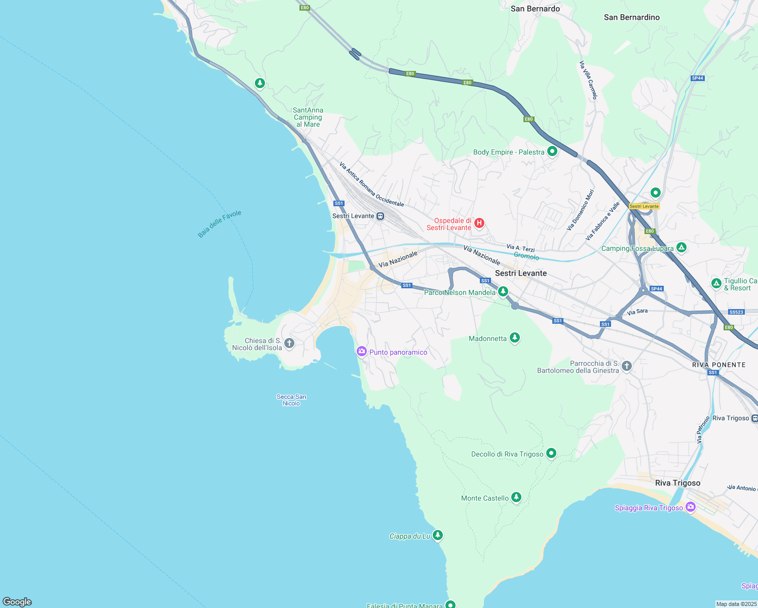 map of restaurants, bars, coffee shops, grocery stores, and more near 15 Via Privata Unione Sovietica in Sestri Levante