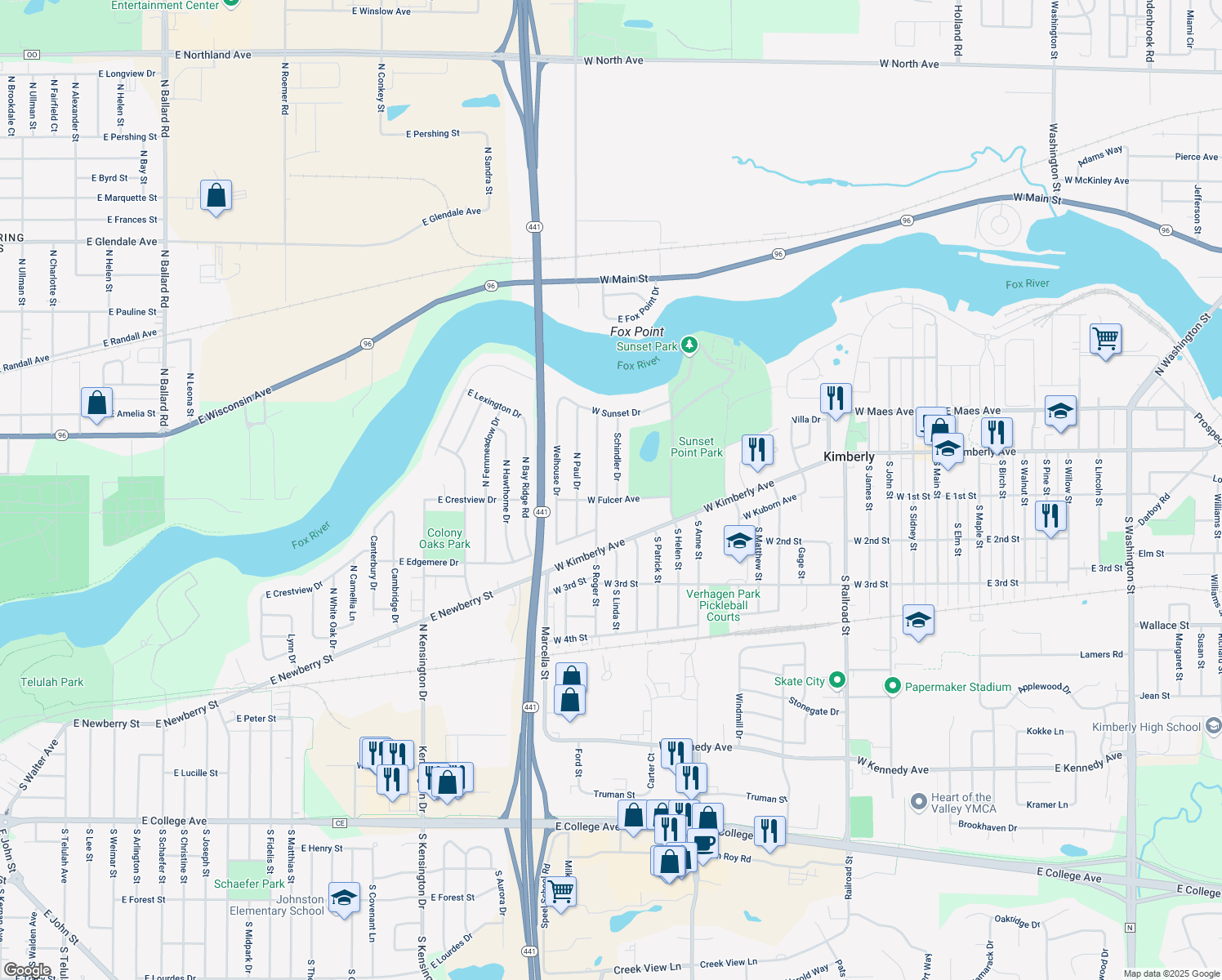 map of restaurants, bars, coffee shops, grocery stores, and more near 310 Schindler Dr in Kimberly
