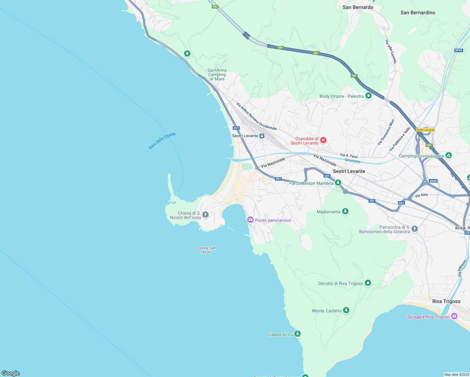map of restaurants, bars, coffee shops, grocery stores, and more near 29 Vico Marina di Ponente in Sestri Levante