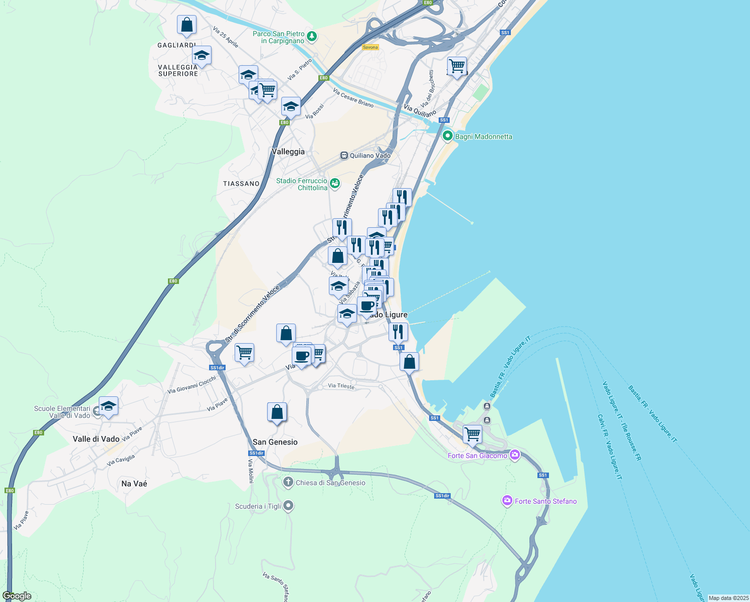 map of restaurants, bars, coffee shops, grocery stores, and more near 39 Via Armando Diaz in Vado Centro